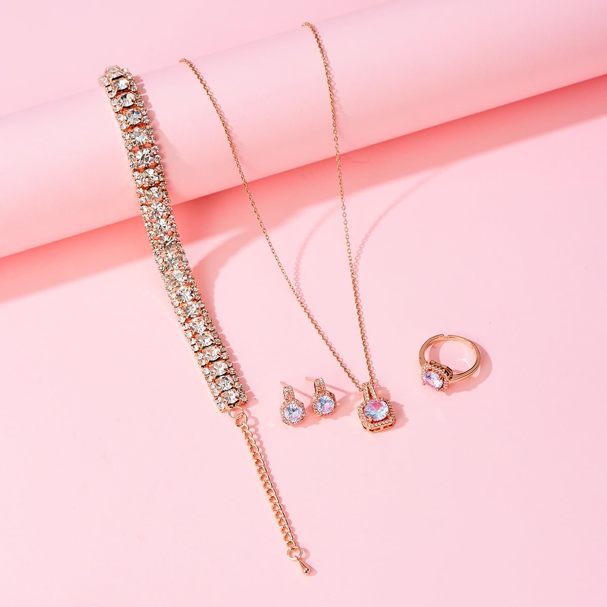 Paxuan Crystal Rhinestone Wedding Jewelry Sets Bridal Pendant Necklace Stud Earrings Link Bracelets Rings Set for Women (Gold Plated White Cubic Zirconia)