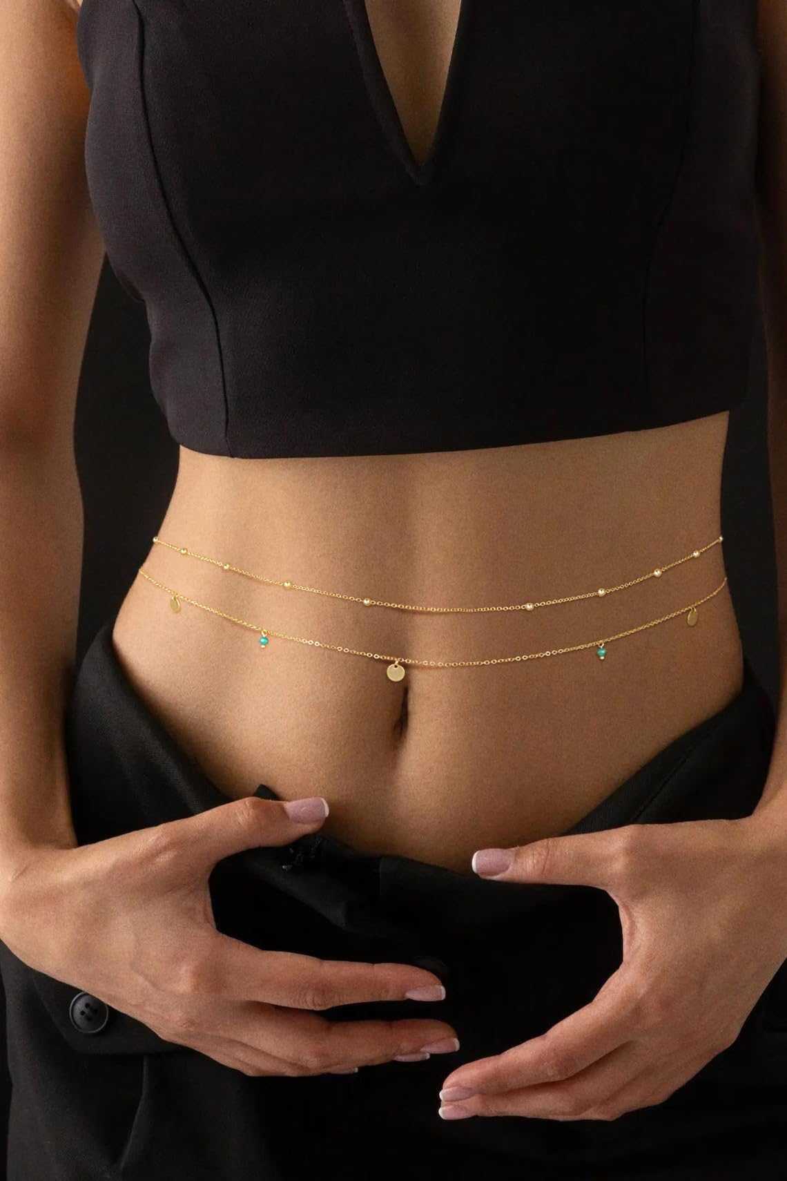 MFRYK 2PCS 14K Gold Plated Waist Chain Layered Satellite Boho Green Beaded Belly Body Chain Boho Beach Waist Chains For Women Adjustable Waterproof Sexy Bikini Body Chain Jewelry For Women