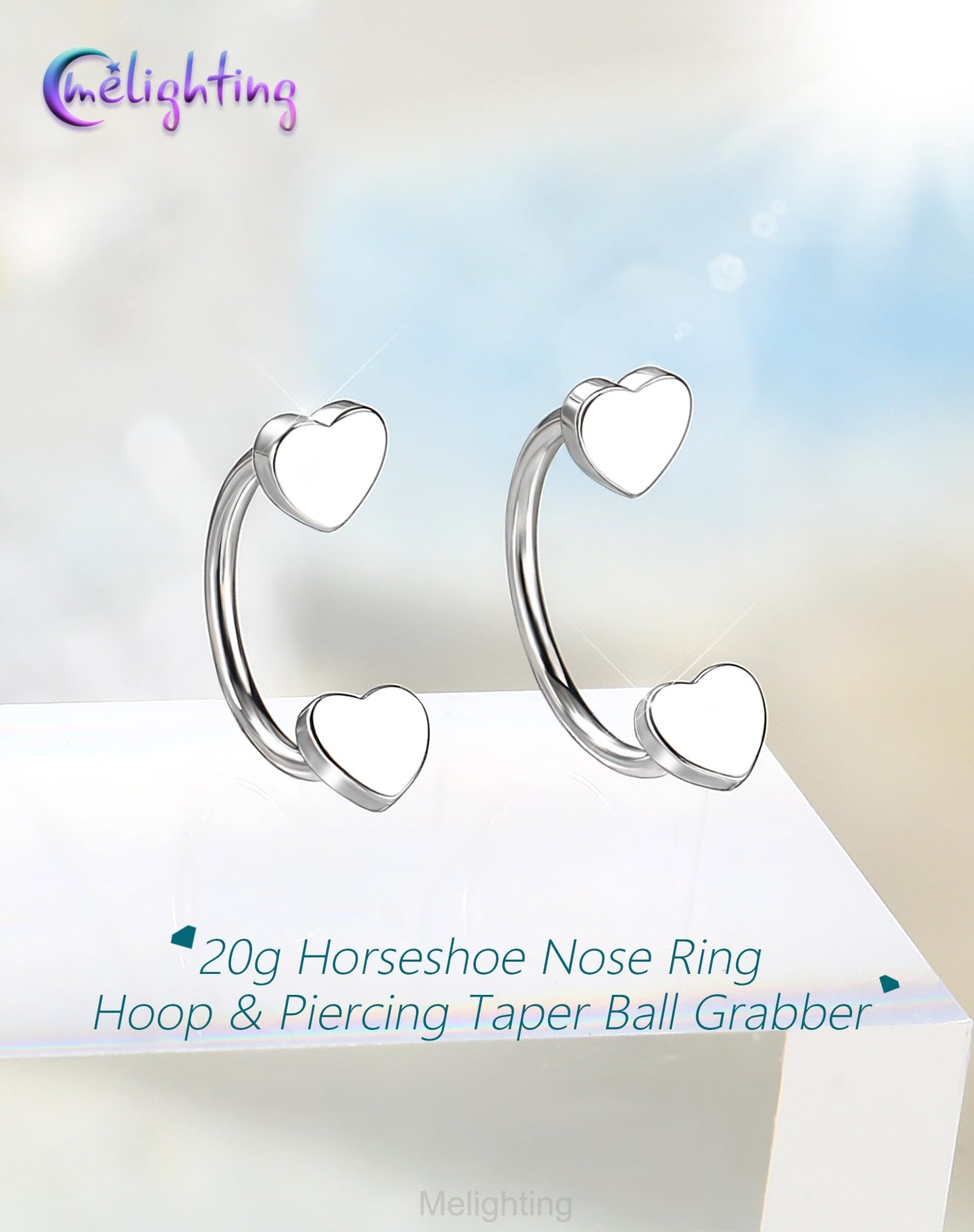 Melighting 20G Horseshoe Nose Rings Hoop, Threadless Nose Piercing with Piercing Taper Ball Grabber Tool 316L Stainless Steel, Heart Septum Lip Helix Rook Piercing Jewelry for Women 7 mm
