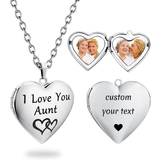 PHOCKSIN Custom Locket Necklace for Aunt Personalized Photo Locket Necklace Customized Silver Heart Lockets That Holds Pictures Birthday Gifts for Women