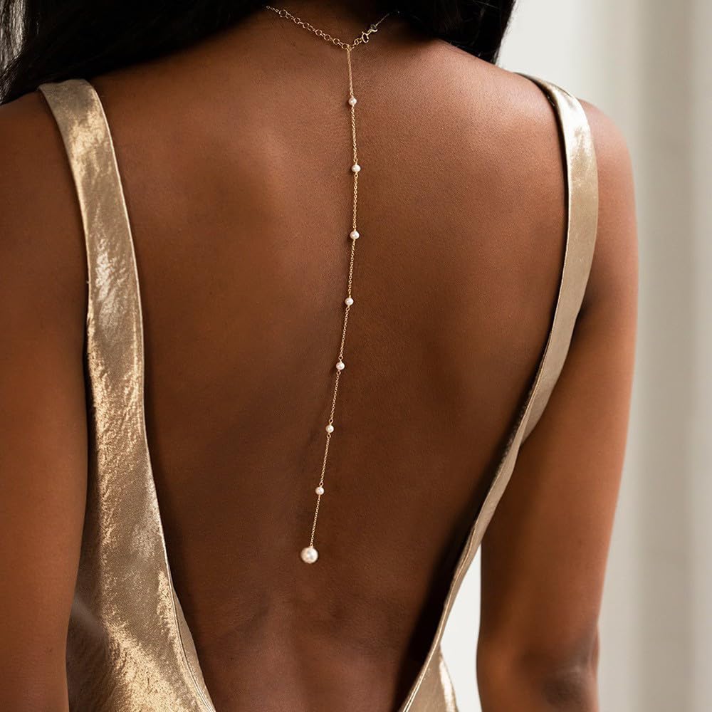 Longita Back Necklace Back Jewelry for Backless Dress Pearl Backdrop Necklace Long Body Chain for Backless Dress Sexy Dainty Elegant Body Chain Jewelry Women Prom Party Anniversary
