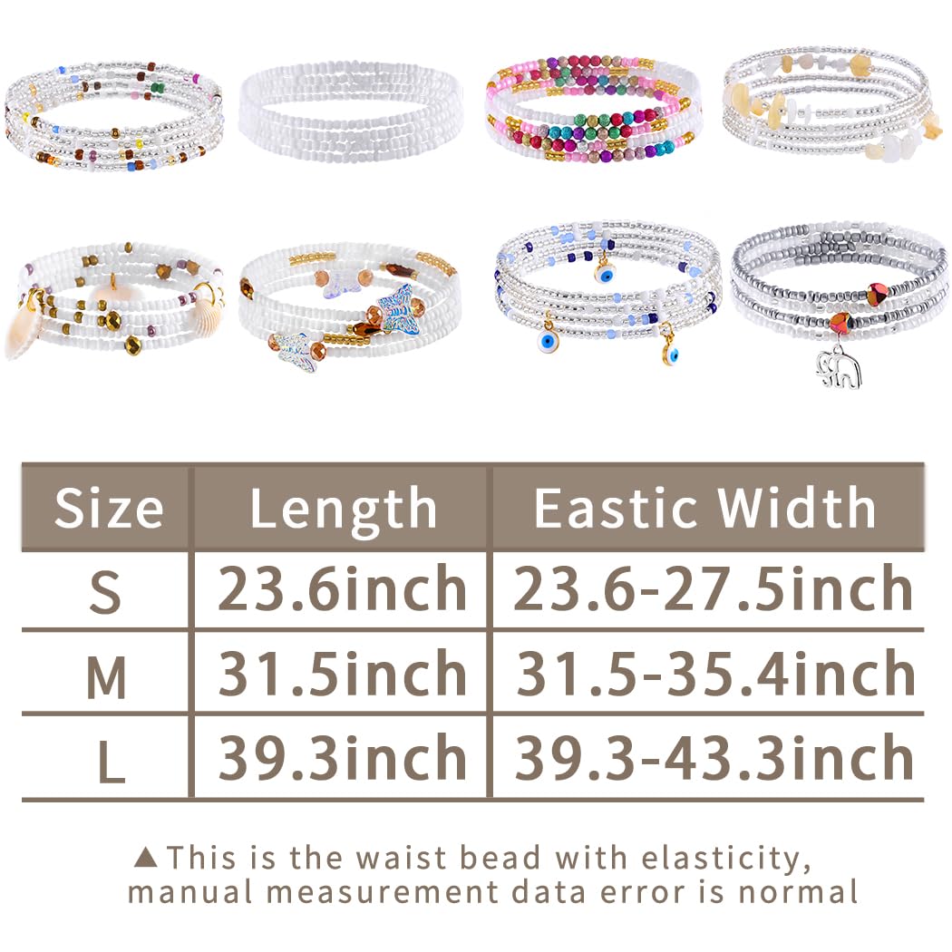 ELABEST 24-39inch African Waist Beads for Women 8Pcs Elastic Belly Beads Colorful Beaded Waist Jewelry Accessories Body Chain (White, 23.6inch/60cm)