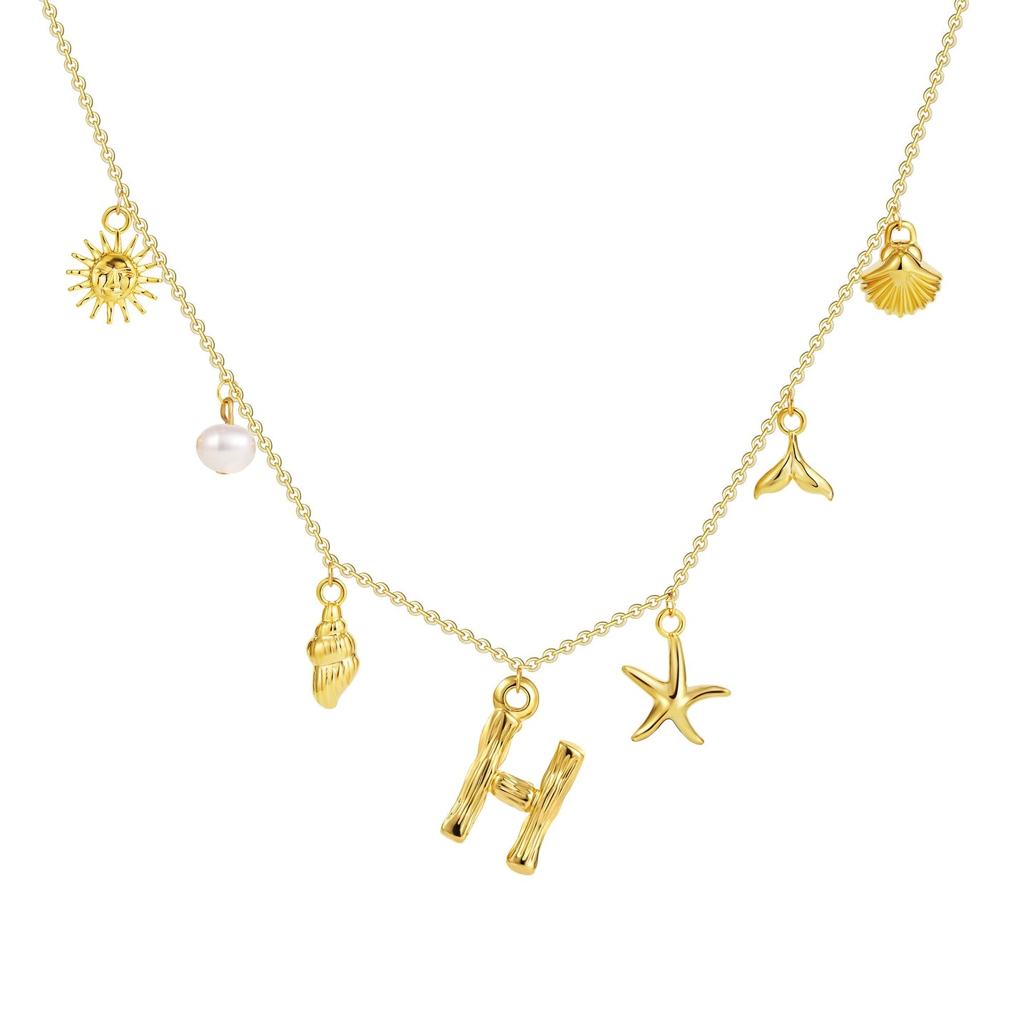 SLOONG Initial Charm Necklace 14K Gold Plated Letter Neckalce Freshwater Pearl Necklace Choker Boho Summer Seashell Beach Starfish Surfer Jewelry Gifts for Women H