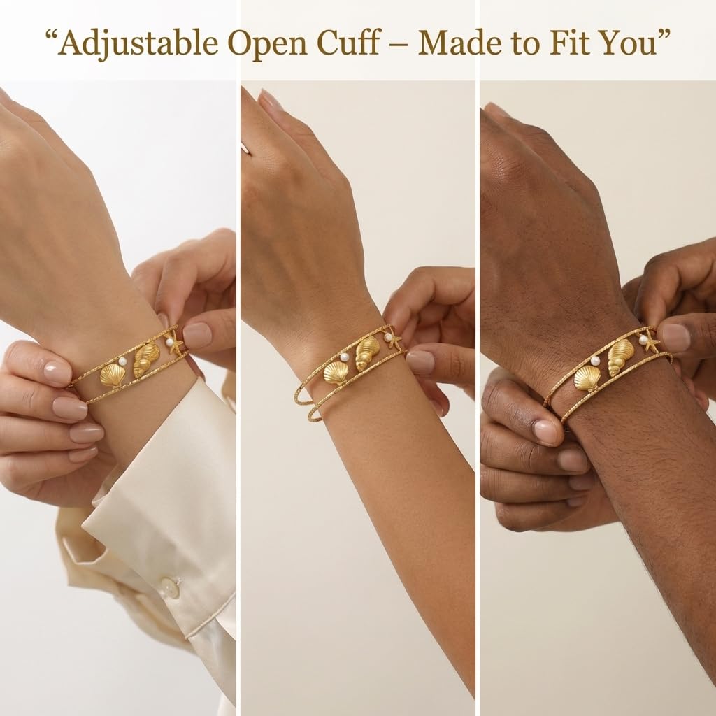 MystiGlimmer Starfish Open Cuff Bracelet for Women 18K Gold Plated Stainless Steel, Adjustable Ocean-Inspired Arm Cuff, Waterproof, Hypoallergenic Beach Jewelry Gift