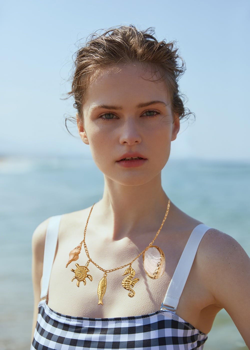 BTTLVZC Summer Beach Charms Necklace for Women Gold Fish Conch Seahorse Shell Charms Choker Necklace Trendy Ocean Theme Vacation Jewelry Gifts(Style-A)