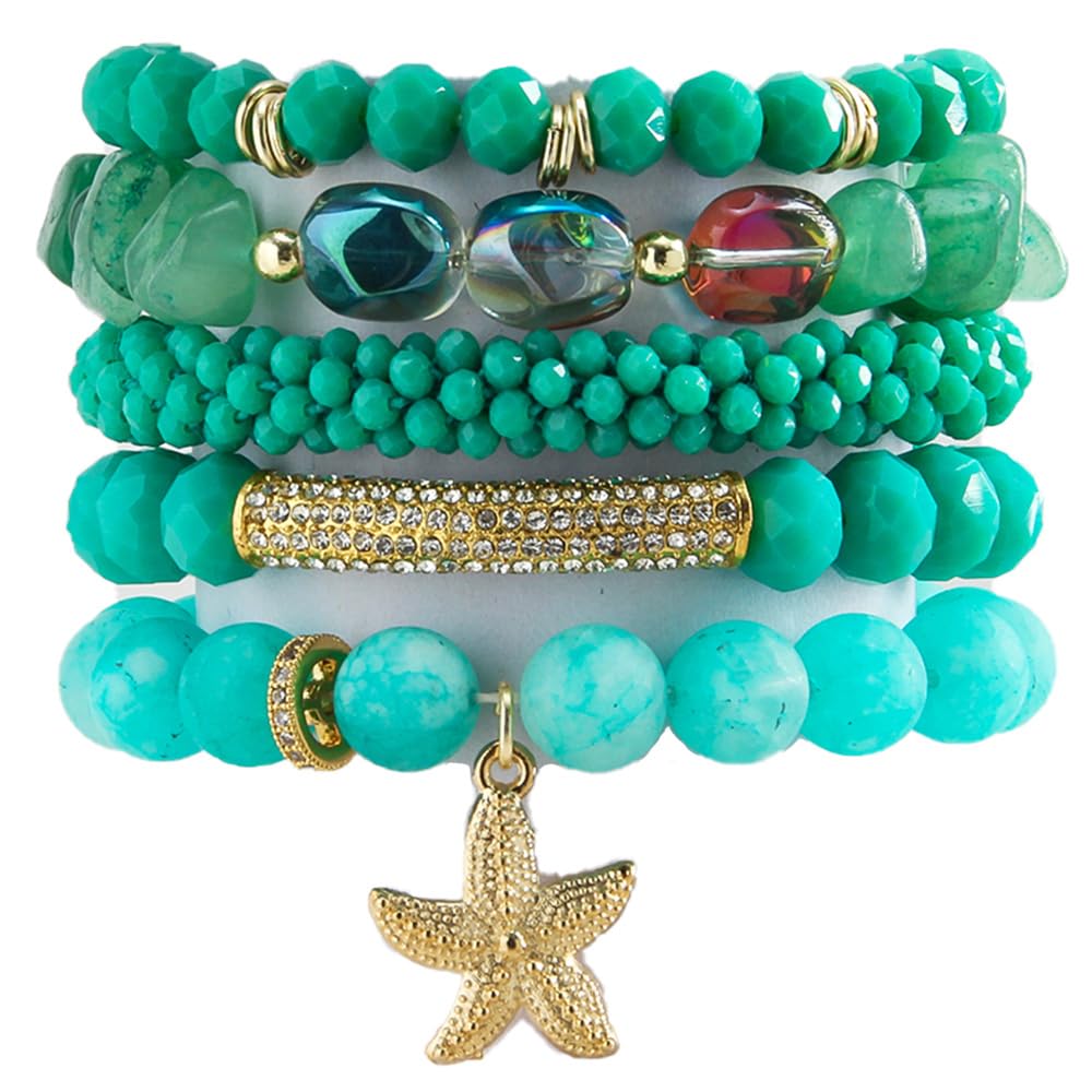 Yomisa Boho Beaded Bracelets for Women,Multilayer Wrap 5PCS Healing Natural Stone Bead Bracelets Handmade Stackable Friendship Stretchy Beaded Bracelet Set Trendy Bohemian Jewelry Gift for Women