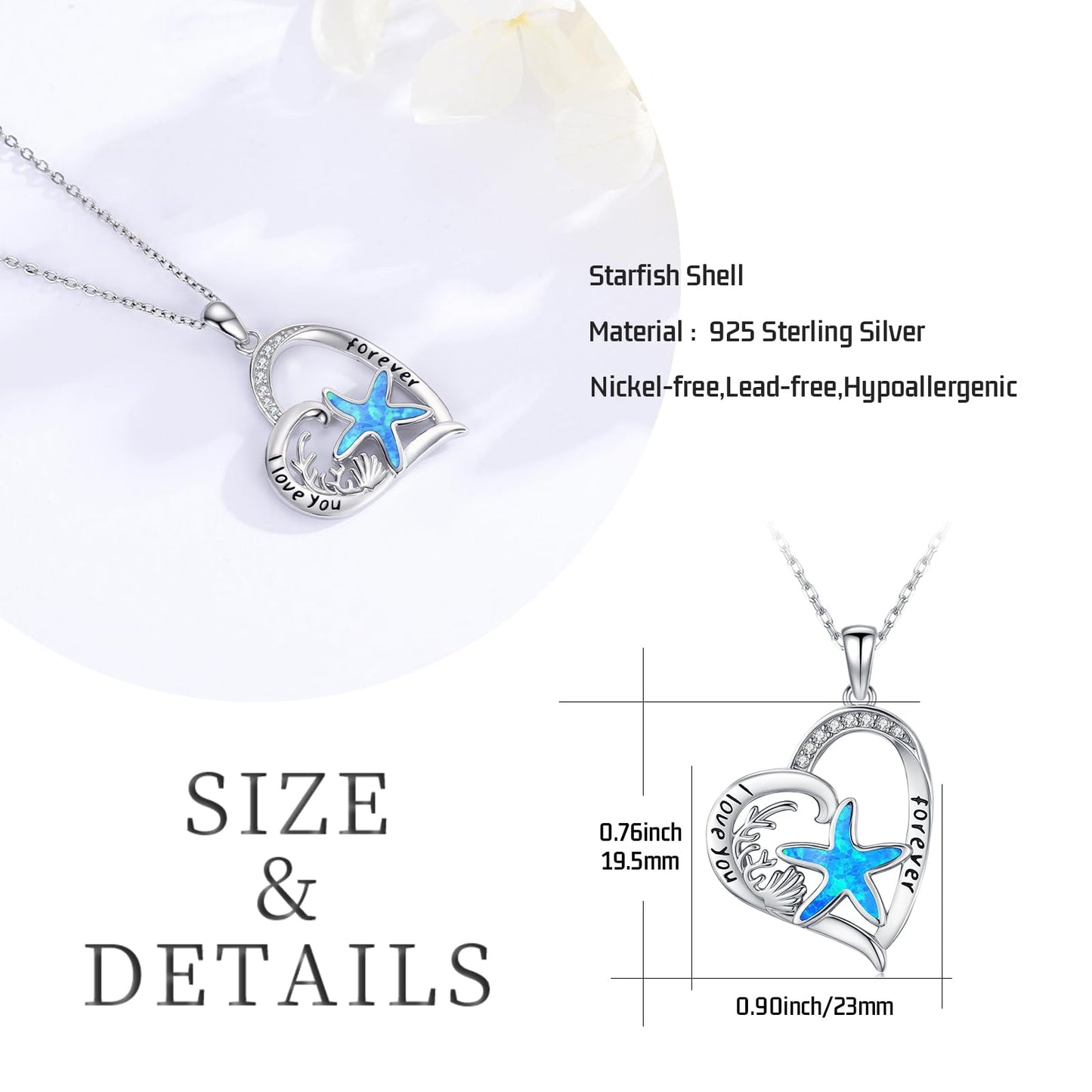 Twoowl Blue Opal Starfish Shells Necklace 925 Sterling Silver Ocean Pendant Necklaces Beach Jewelry Gifts for Women Girlfriends Mom Birthday