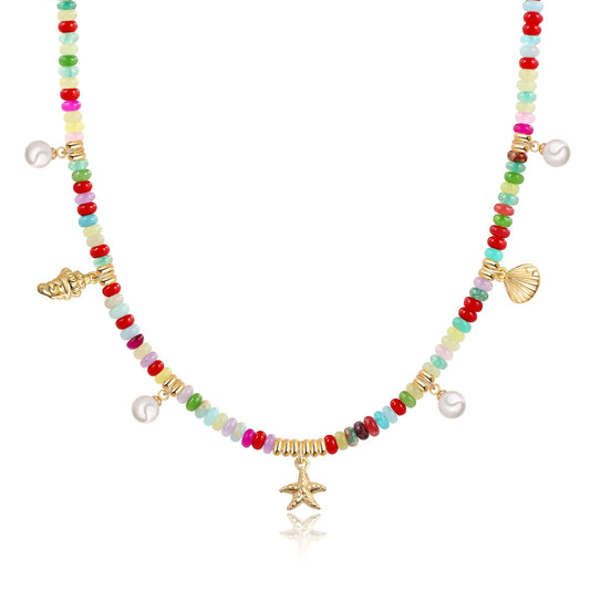 Charm Necklace for Women Colorful Beaded Gemstone Choker 14K Gold Beach Seashell Pearl Pendant Necklace Natural Stone Handmade Jewelry Gift