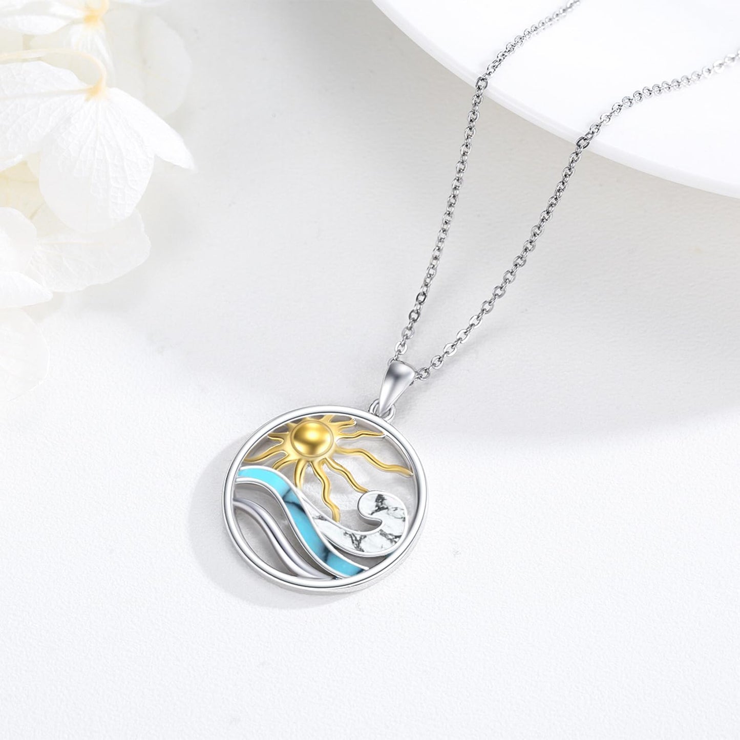 Midir&Etain Ocean Wave Necklace 925 Sterling Silver Sun Pendant Necklace Turquoise Sea Summer Pendant Beachy Wave Jewelry for Women Men