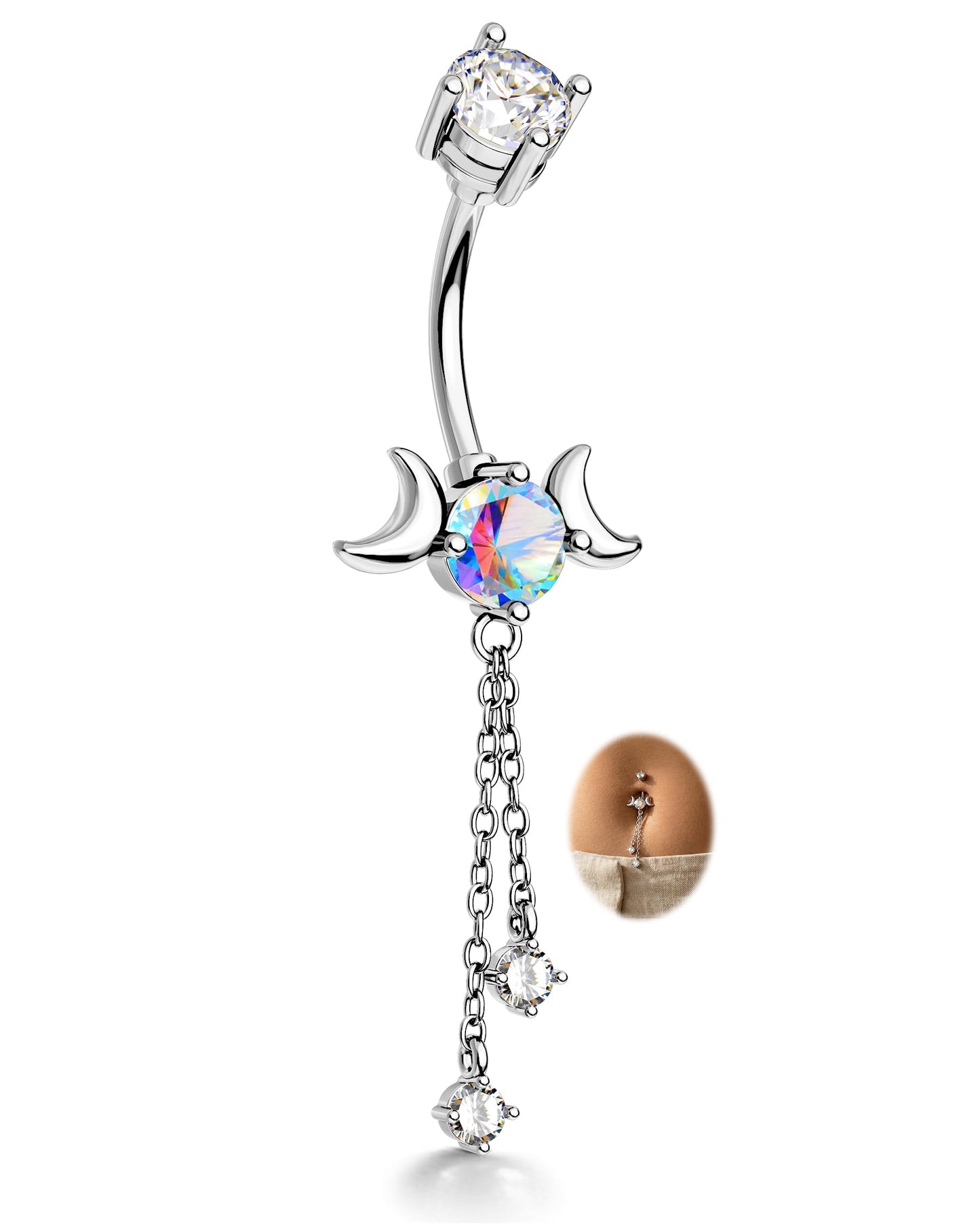 CM Crareesi Mania Dangle Belly Button Rings 14G Dangle Chain Belly Rings Moon Phase 316L Surgical Steel Belly Piercing Jewelry 10mm