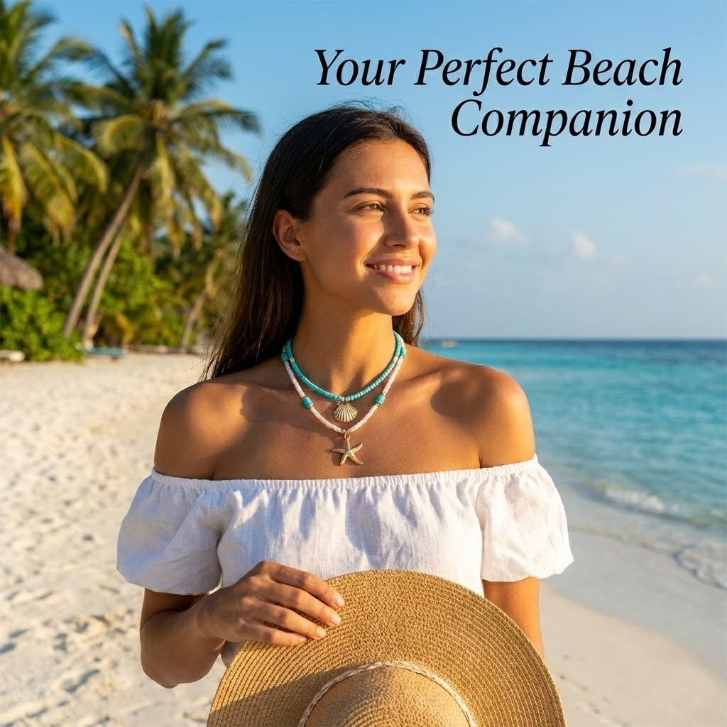 Tazimo 2Pcs Shell Starfish Layered Necklaces,Boho Beach Summer Necklace Gold Pendant Tropical Necklace Blue&White Beaded Necklaces Jewelry Gifts for Women (A:Blue&White)