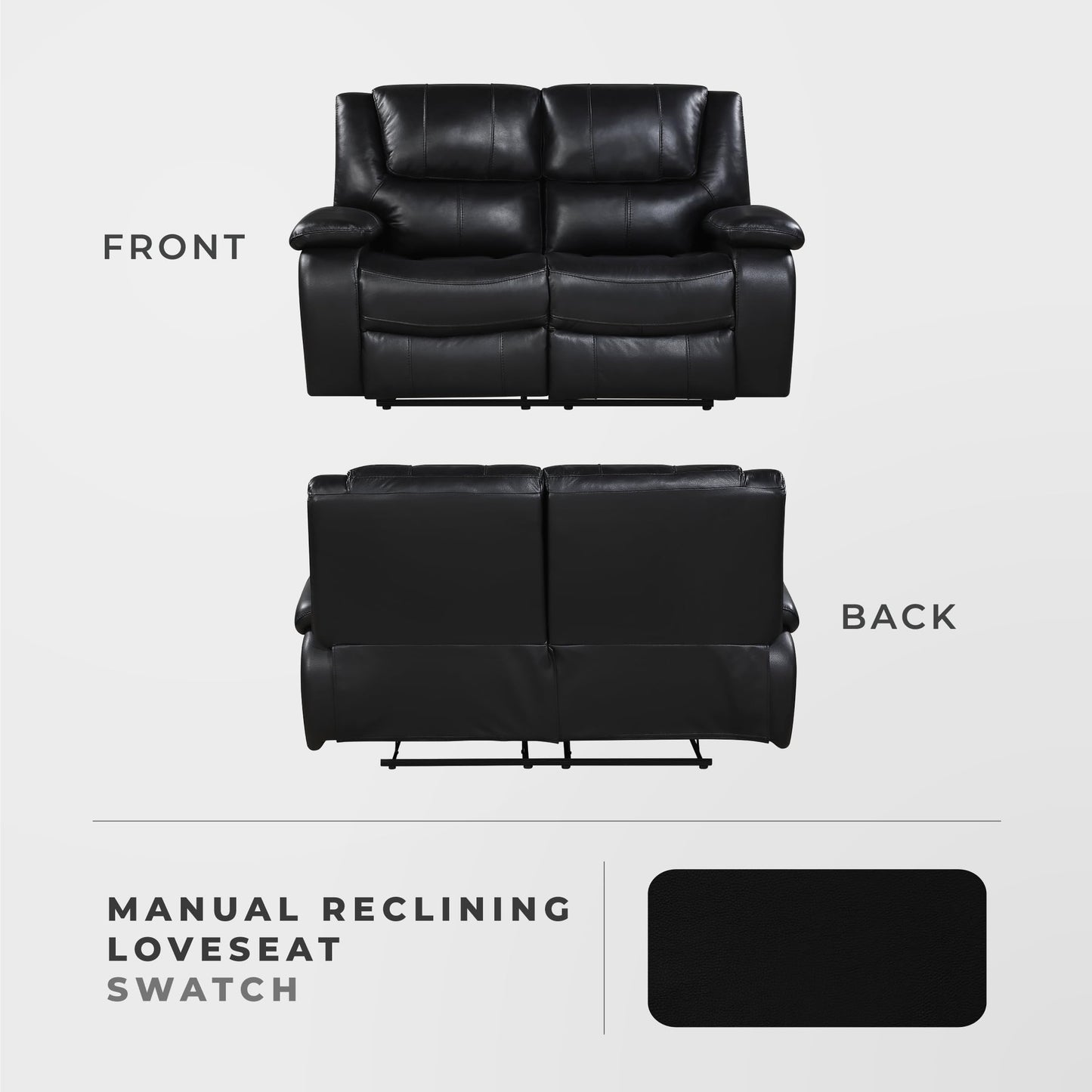 Lexicon Manual Double Reclining Loveseat - Top Grain Leather Match Manual Tab Pull Loveseat Recliner for Living Room, Wall Hugger, Pillow Top Arms, Padded Headrest, Foam Over Pocket Coils Seat, Black