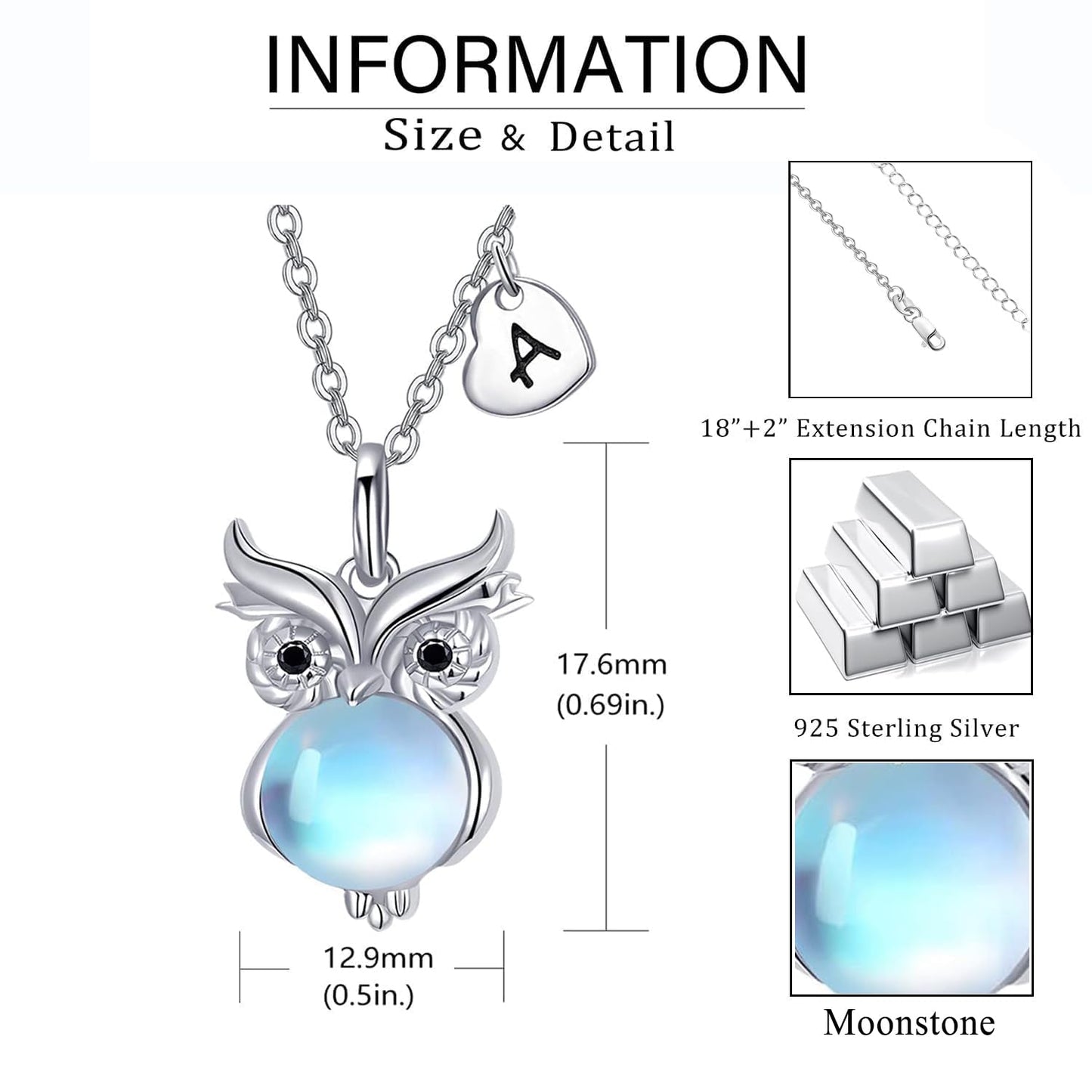 Dreamboat Owl Necklaces for Women 925 Sterling Silver Moonstone Owls Pendant Necklace Bird Jewelry Gifts for Owl Lovers