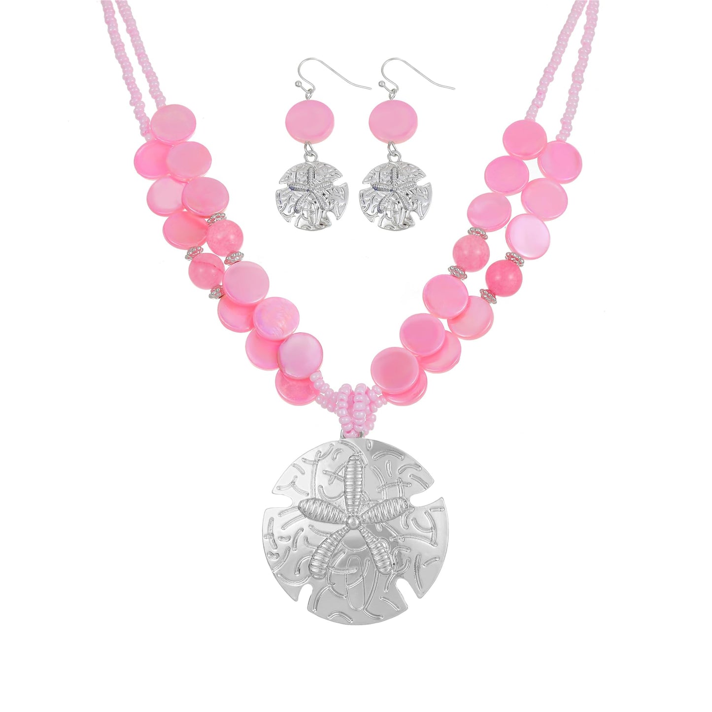 Perla Boho Starfish Necklace for Women, Chunky Layered Shell Beads Choker Necklace and Earrings Set, Ocean-Themed Summer Beach Jewelry (Light pink)