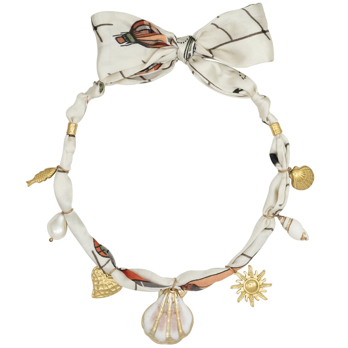 DoDoBeads Scarf Charm Necklace – Seaside Adventure – Nautical Hot Air Balloon Scarf Necklace with Stainless Steel Shell & Sun Charms