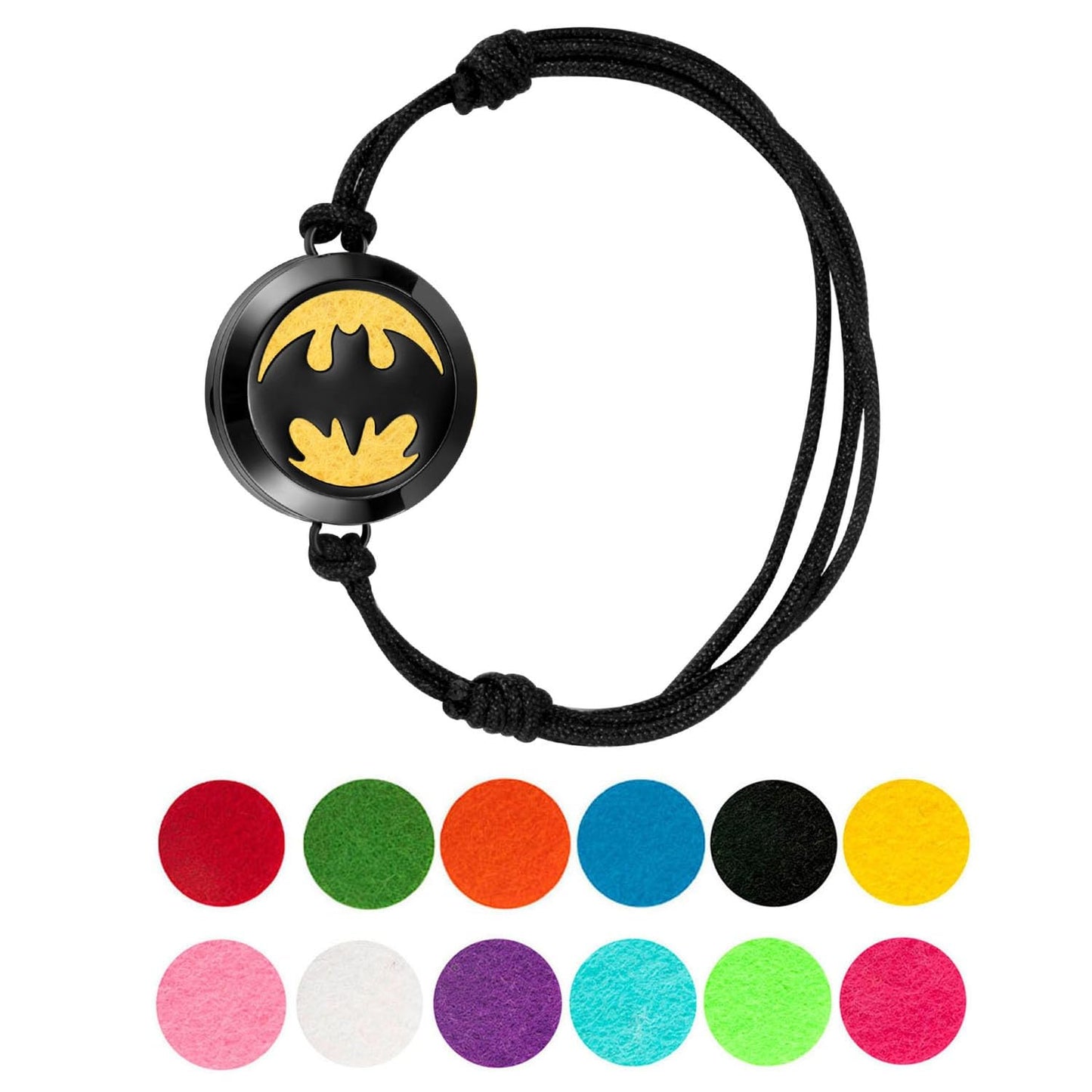 Wild Essentials Black Chrome Bat Essential Oil Diffuser Bracelet, Stainless Steel Aromatherapy Locket, Adjustable Nylon Band with 12 Color Pads, Jewelry Gift Set