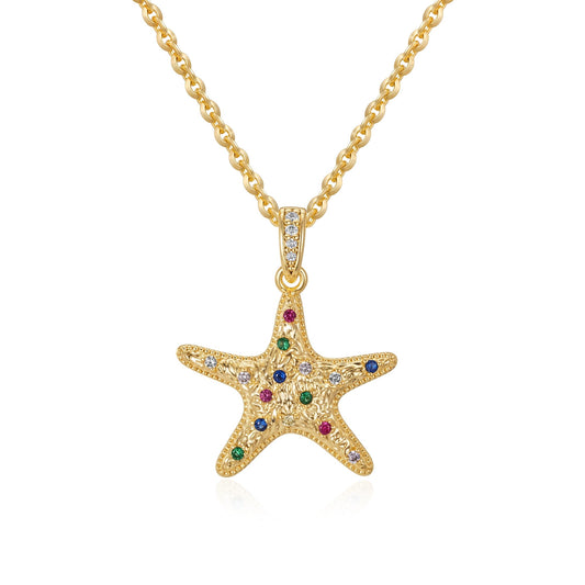 MTMY Gold Starfish Necklace 14K Gold Plated Shell Conch Ocean Pendant Necklace for Women Beach Summer Jewelry (mix starfish)