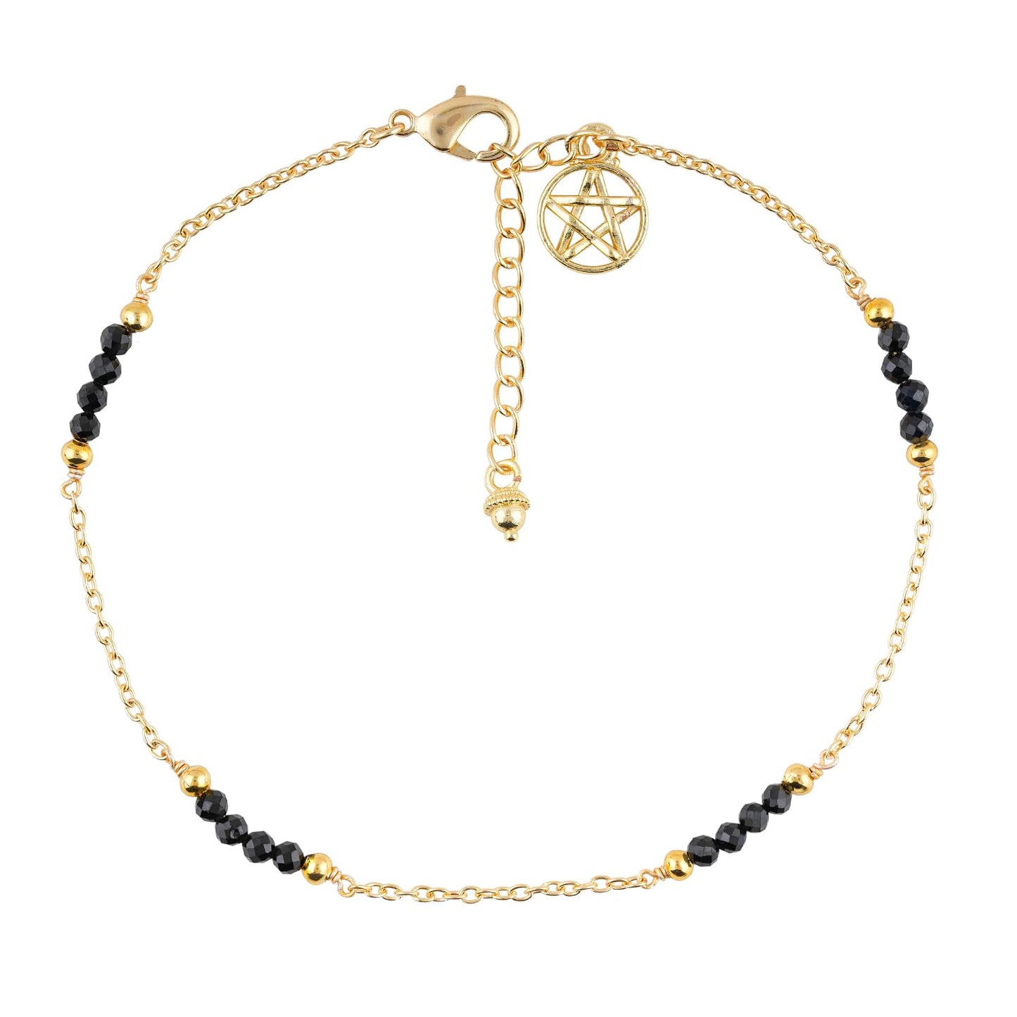 CRYSTALINES Natural Black Spinel Gemstone Beads, Handmade Station Dangle Star Charms Anklet, 14K Gold Plated, Adjustable Fashion Boho Jewelry for Women, Healing Crystals, Christmas Gift