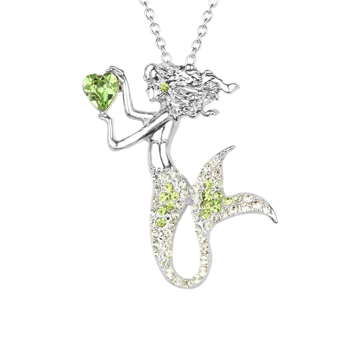 luomart Fashion Mermaid Birthstone Necklace Jewelry White Gold Plated Austrian Crystal Magic Pendant Gift (Green)