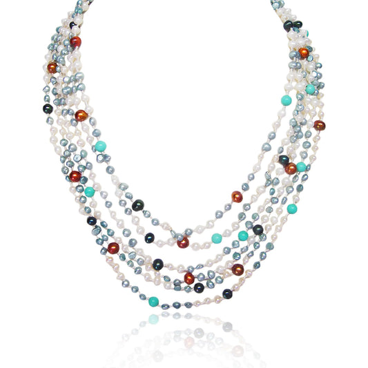 Handmade BOHO Freshwater Pearl Necklace - Pearl Clasp with 4-5mm Multicolor Round Pearls, 20" with Turquoise Multiple Strands Baroque Luxury Jewelry Gift