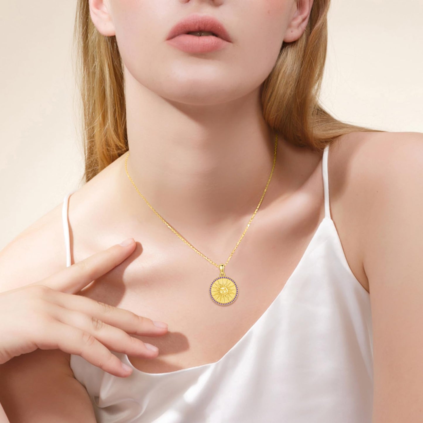 KQF Birthstone Sun Necklace for Women 925 Sterling Silver Sun and Moon Gold Plated Coin Pendant February Jewelry Gift
