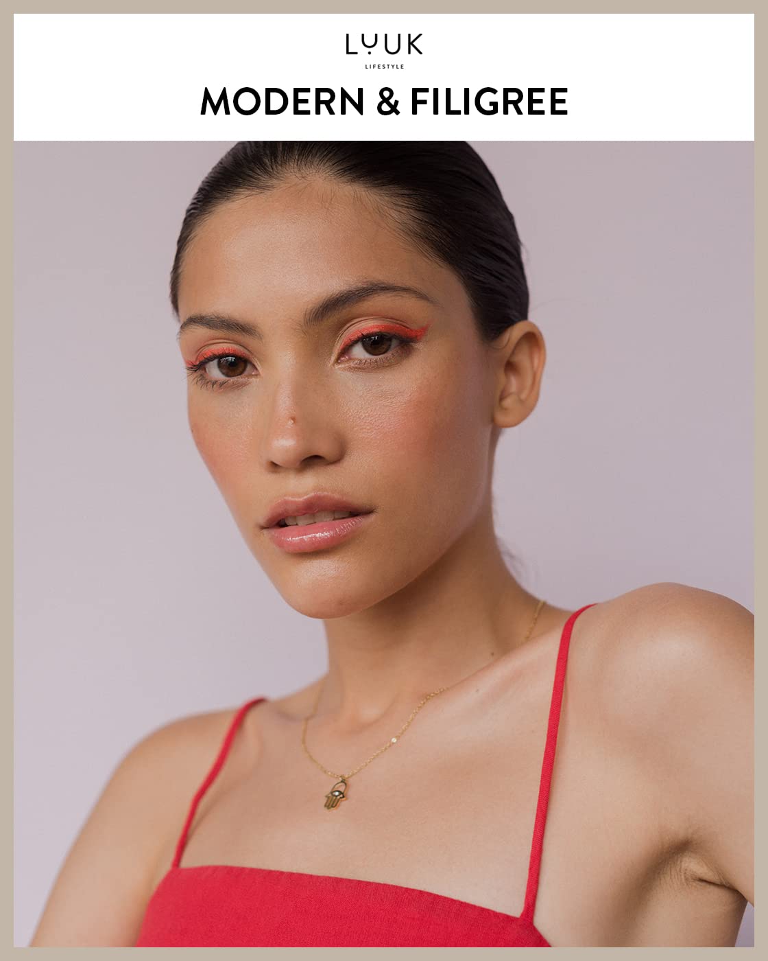 LUUK LIFESTYLE Necklace for women in stainless steel with pendant Hamsa Hand | Fatma and gift card HAPPINESS, chic and classy style, modern and minimalist fashion accessory for her, layer look, gold