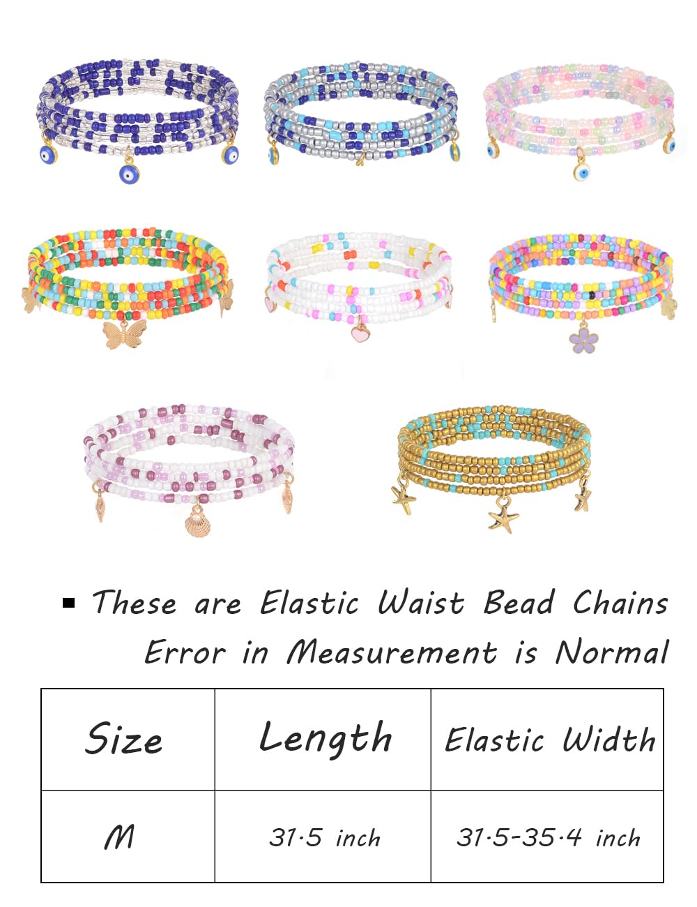 Tornito 8Pcs 31.5 Inches African Waist Bead Chain Elastic Belly Beads Butterfly Starfish Blue Evil Eye Flower Shell Layered Body Chain Colorful Jewelry Accessories for Women (E:8Pcs(Ocean))