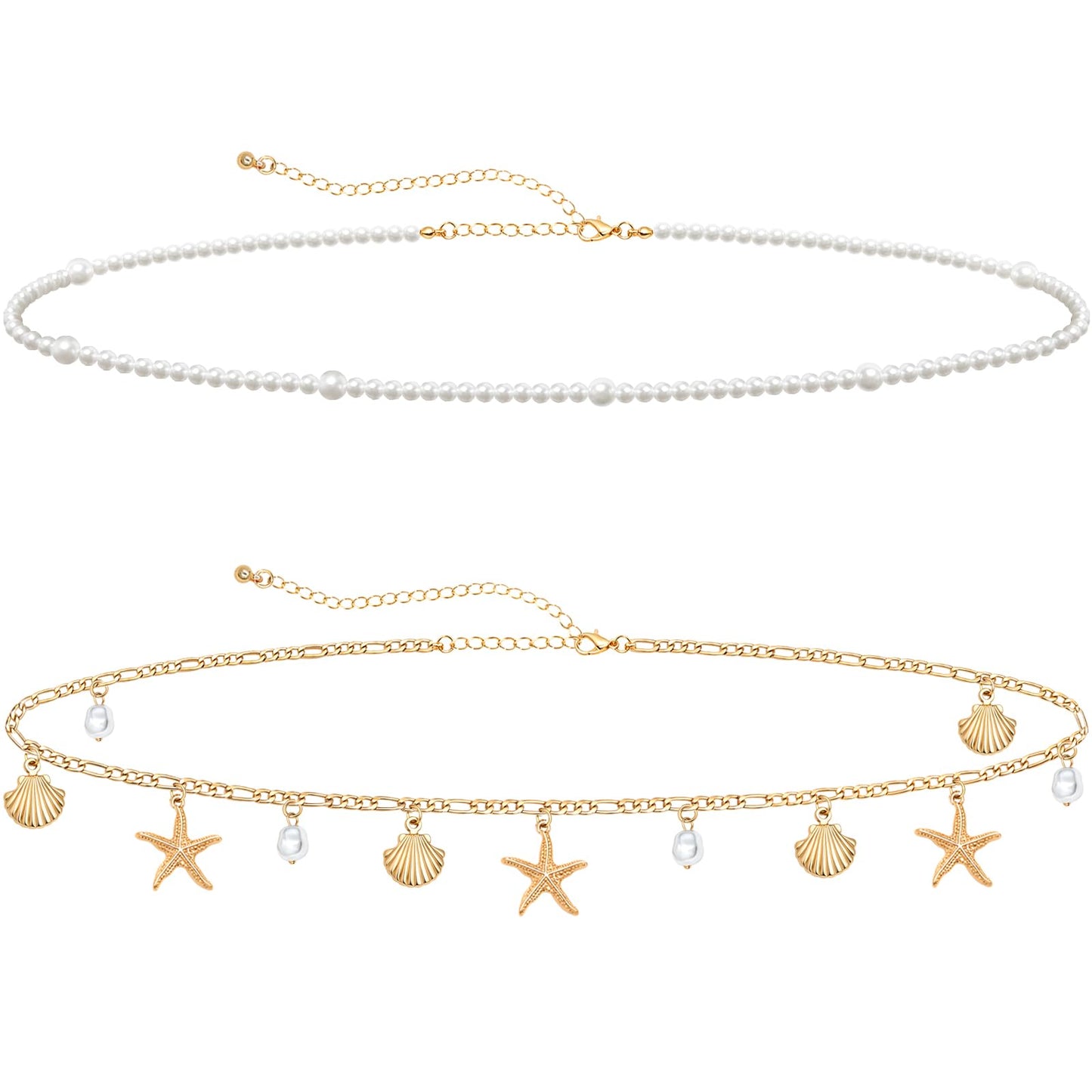 Ronglry 2pcs Gold Starfish Waist Chain for Women Layered Shell Belly Chain Beach Waist Beads Body Chains for Women Boho Adjustable Sexy Bikini Body Chain for Summer Beach Jewelry Accessories-shell