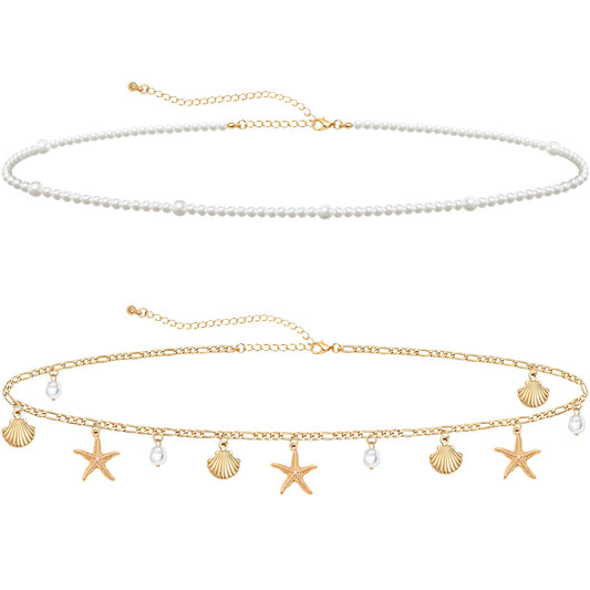 Ronglry 2pcs Gold Starfish Waist Chain for Women Layered Shell Belly Chain Beach Waist Beads Body Chains for Women Boho Adjustable Sexy Bikini Body Chain for Summer Beach Jewelry Accessories-shell