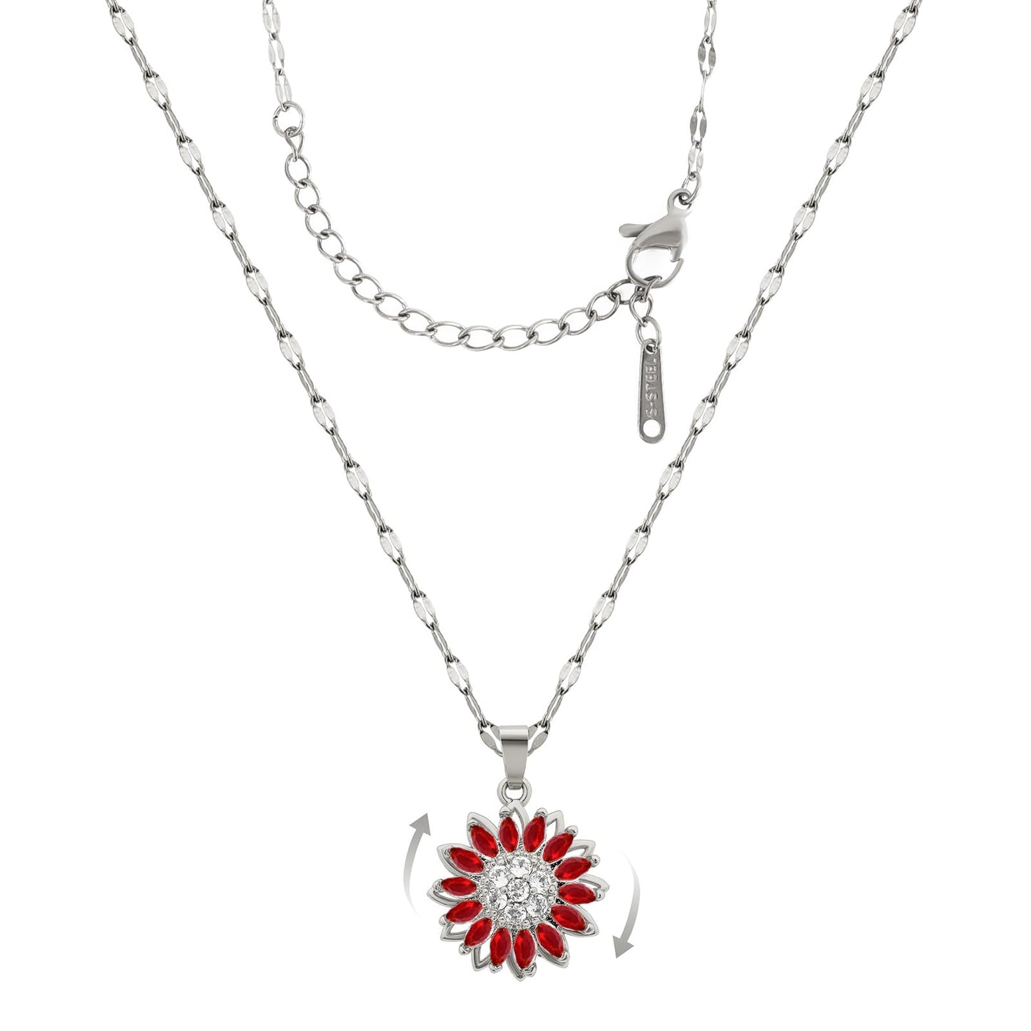 KONPJE Sunflower Fidget Necklace for Women Gold Moon Necklace Rotating Heart Necklaces Spinning Crystal Sunflower Anxiety Necklaces Crescent Moons Jewelry Accessories (Silver Red)
