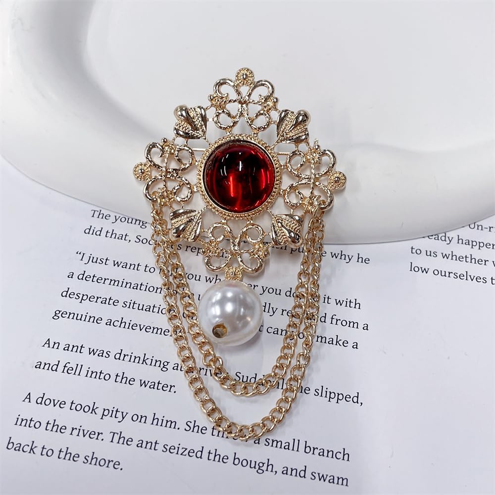 Vintage Round Simulated Pearl Filigree Flower Chain Tassel Brooches Lapel Pins for Women Girls Party Dance Banquet Dainty Boho Dangle Drop Pin Dress Suit Clothes Accessories Jewelry (Red)