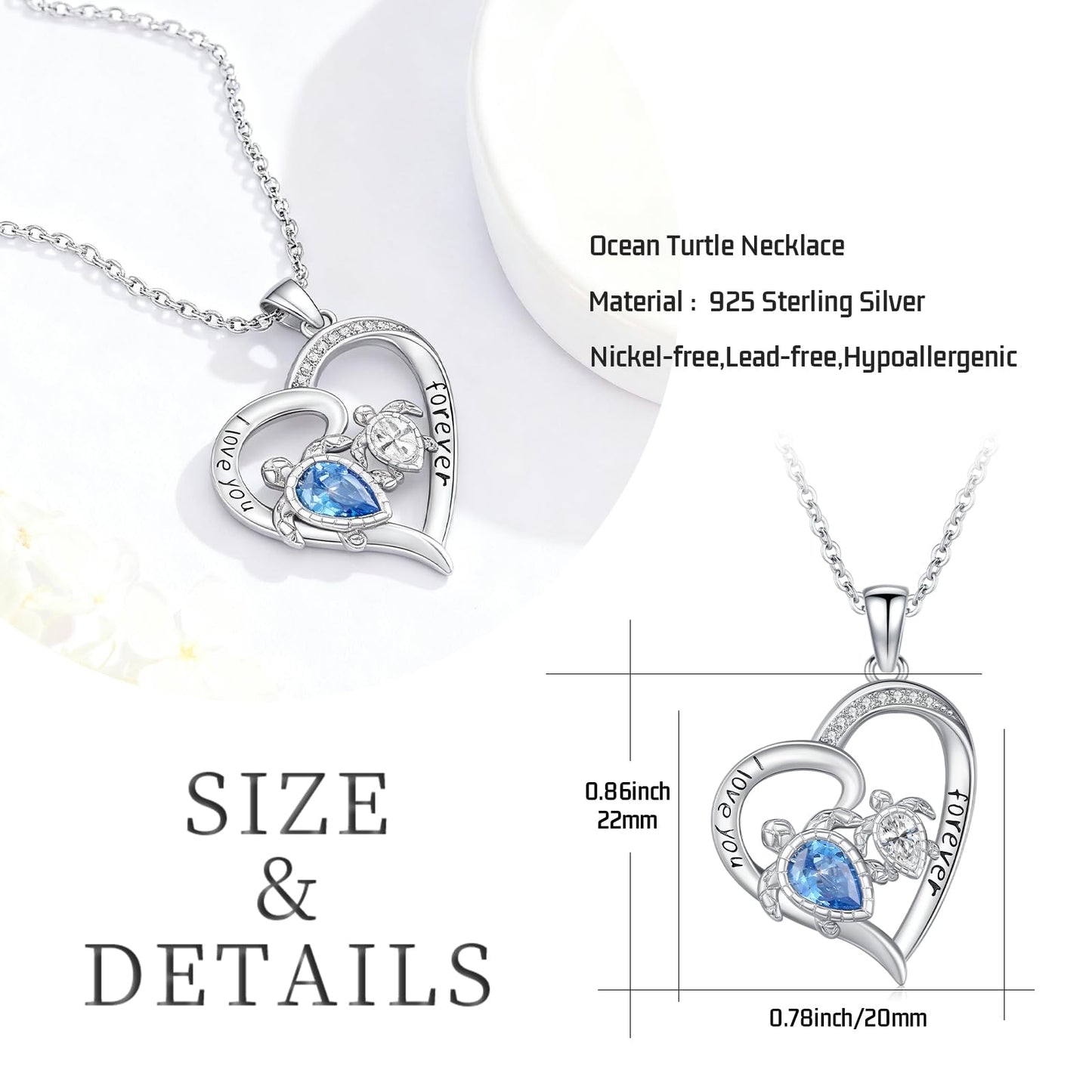 Twoowl Ocean Turtle Necklace 925 Sterling Silver Mother Turtle Pendant Necklaces Beach Jewelry Gifts for Women Girlfriends Mom Birthday