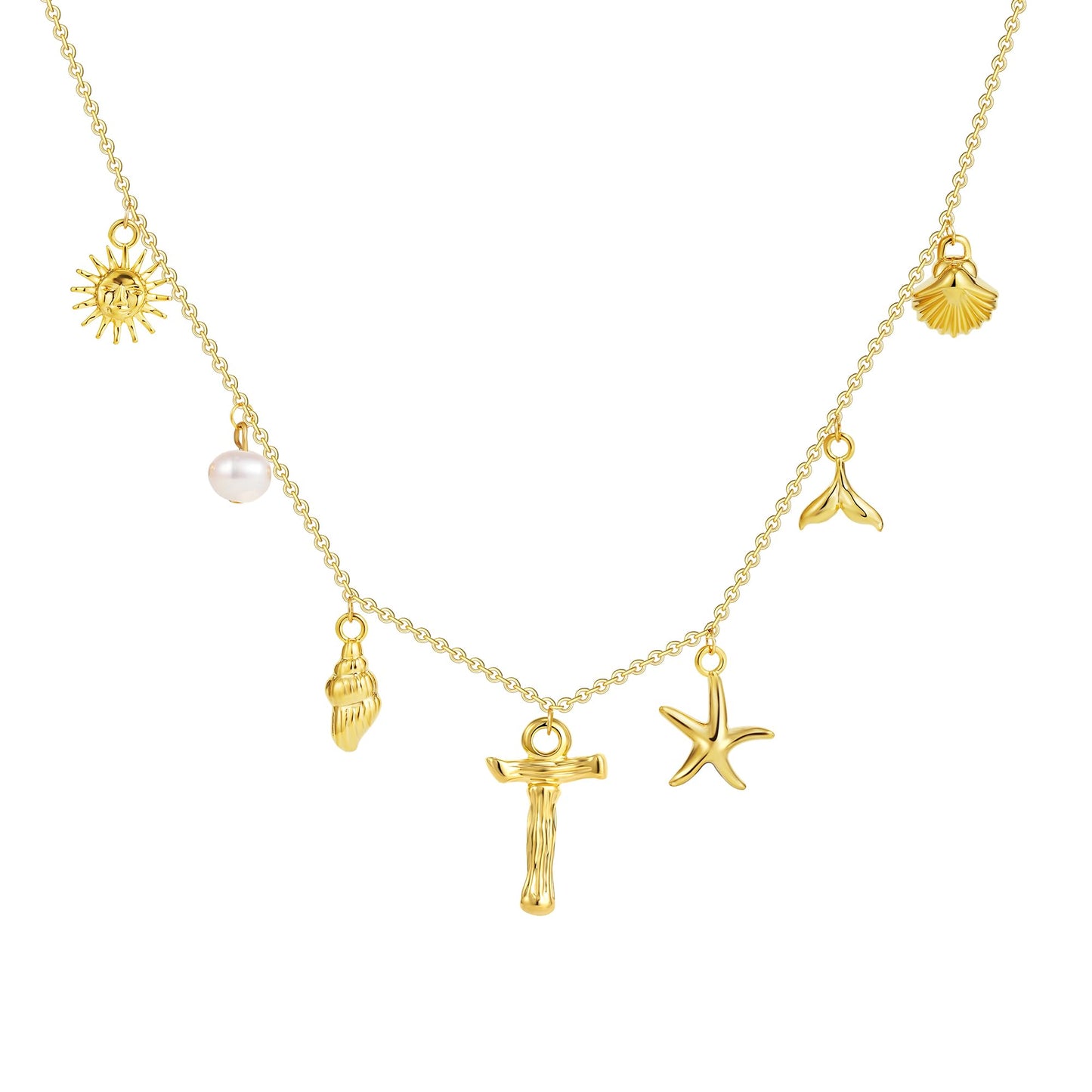 SLOONG Initial Charm Necklace 14K Gold Plated Letter Neckalce Freshwater Pearl Necklace Choker Boho Summer Seashell Beach Starfish Surfer Jewelry Gifts for Women T