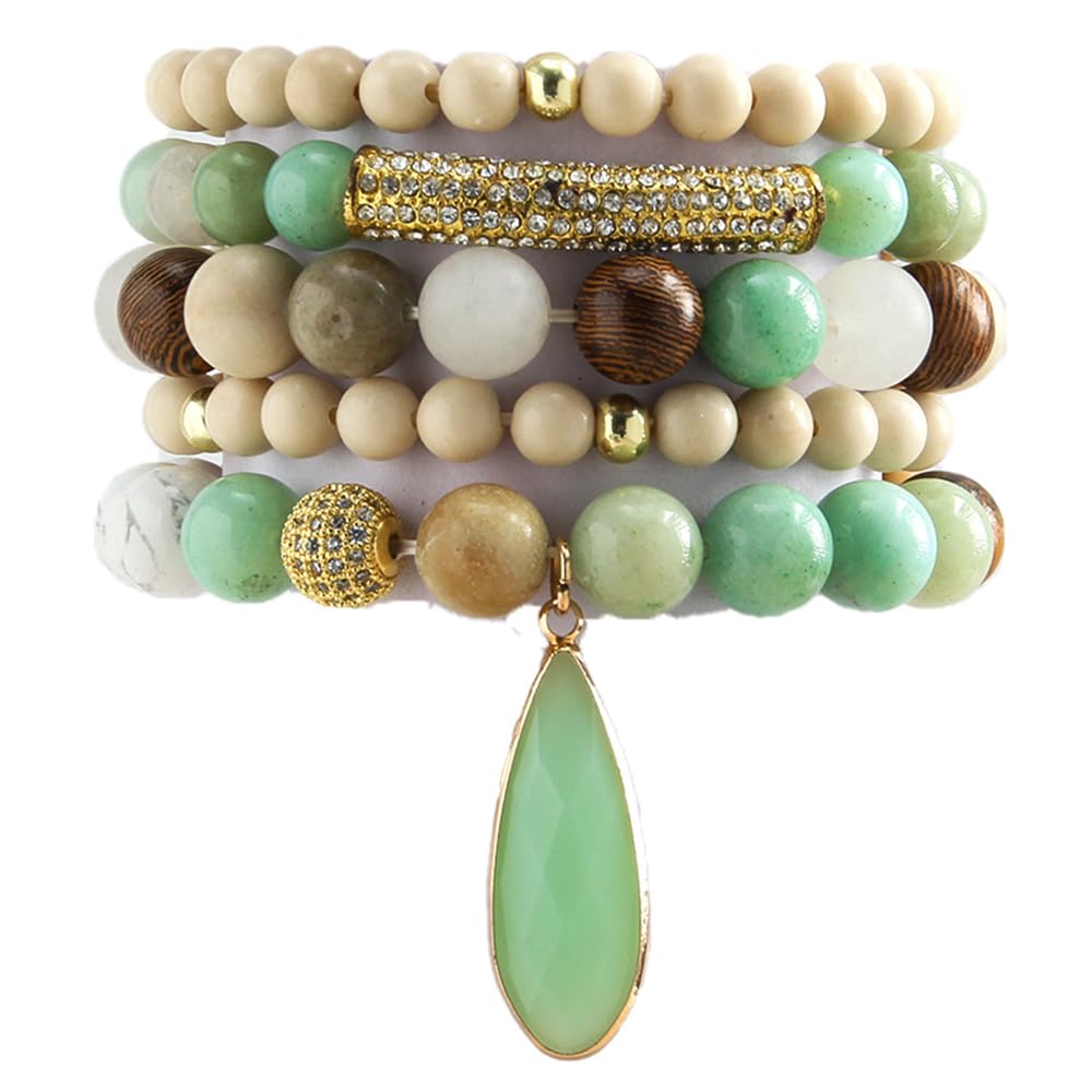 Yomisa Boho Beaded Bracelets for Women,Multilayer Wrap 5PCS Healing Natural Stone Agate Bead Bracelets Handmade Stackable Friendship Stretchy Beaded Bracelet Set Trendy Bohemian Jewelry Gift for Women