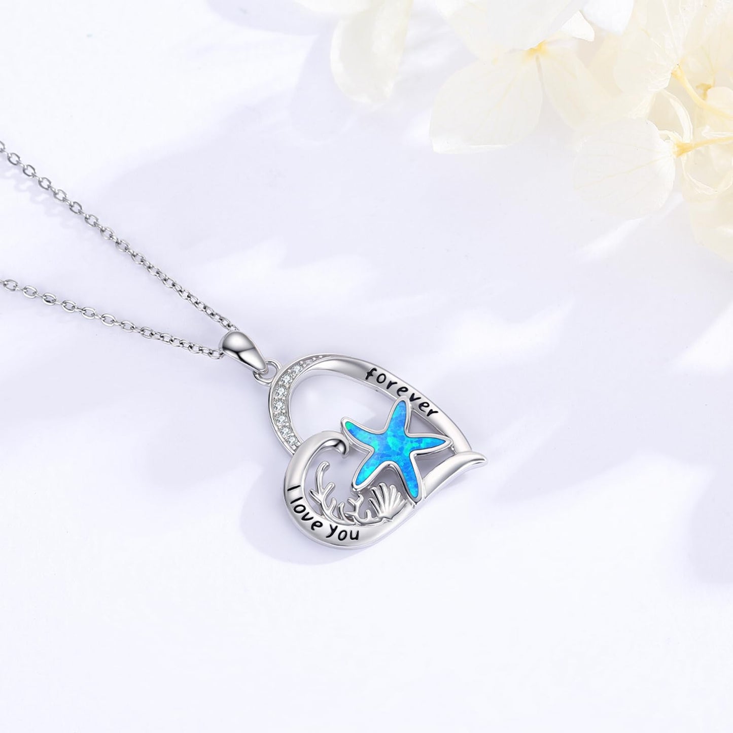 Twoowl Blue Opal Starfish Shells Necklace 925 Sterling Silver Ocean Pendant Necklaces Beach Jewelry Gifts for Women Girlfriends Mom Birthday