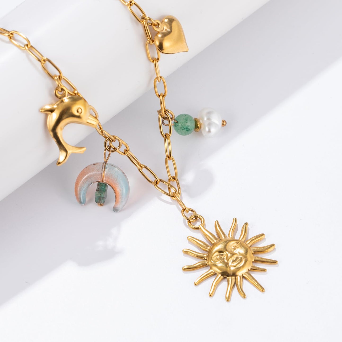 Chunky Gold Necklace Statement Boho Beach Ocean Summer Stainless Steel Jewelry Shell Starfish Turquoise Dolphin Pearl Sun Flower Wave Heart Fish Charm Choker Necklaces for Women(Sun Smile)