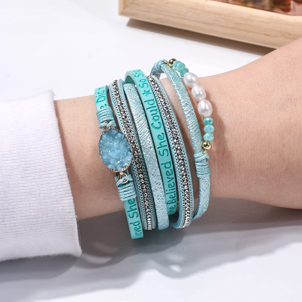 Artilady Leather Wrap Bracelet for Women - Handmade Clasp Bangle Bracelet with Pearl Beads Crystal Wristbands Jewelry Gift for Ladies and Mother