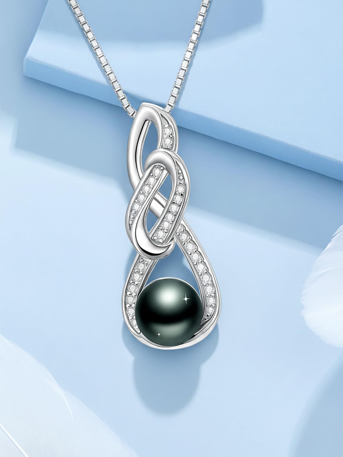 KANNSOAR 8MM Tahitian Black Pearl Necklace for Women 18K Gold Plating Sterling Silver Knot Pendant Pearl Jewelry Birthday Anniversary Valentines Day Christmas Mothers Day Gift for Wife Mom Girlfriend