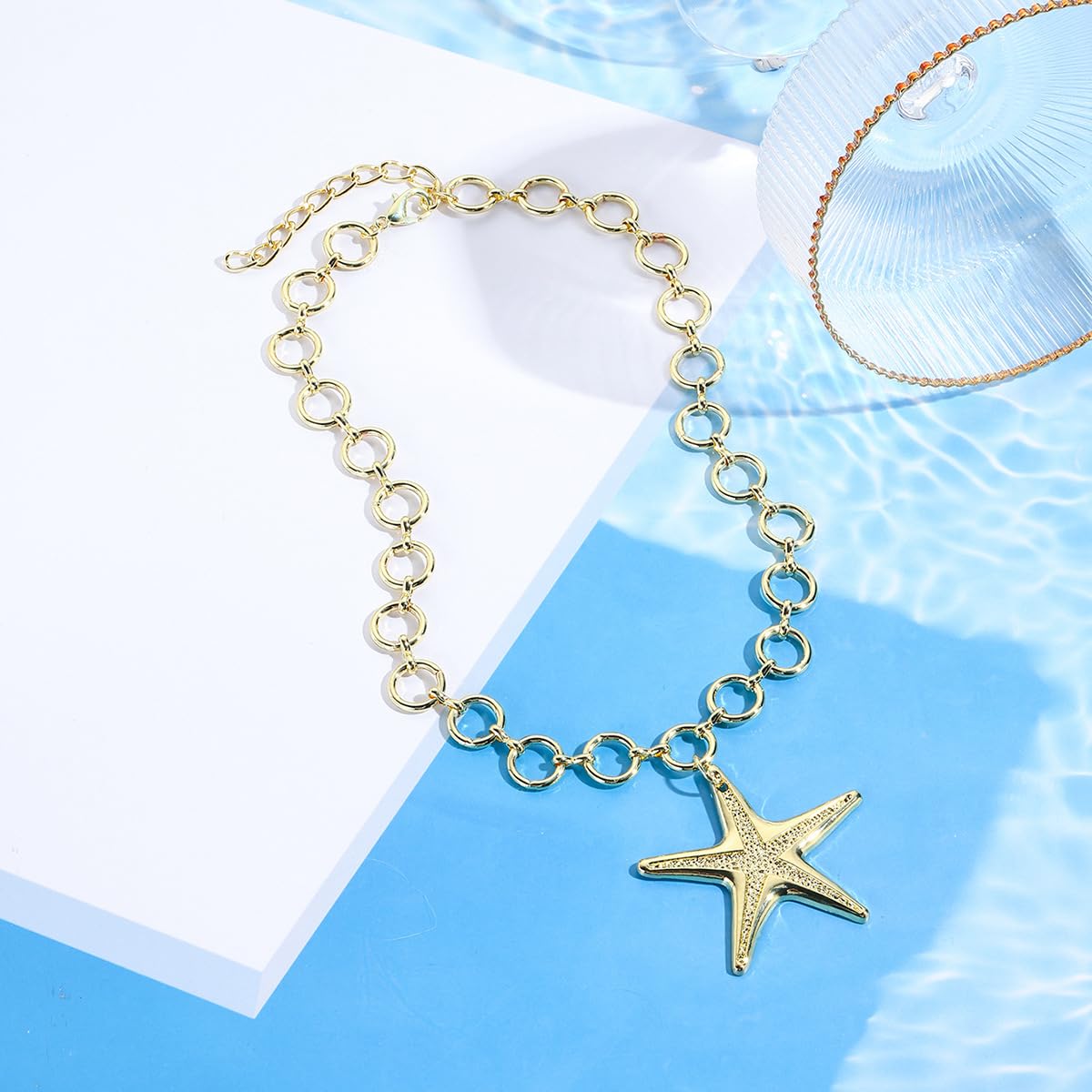 Gold Starfish Necklace for Women Chunky Gold Necklace Large Starfish Pendant Choker Necklaces Summer Ocean Beach Dresses Jewelry Boho Sea Star Necklaces for Women Beach Party Jewelry (Style A)