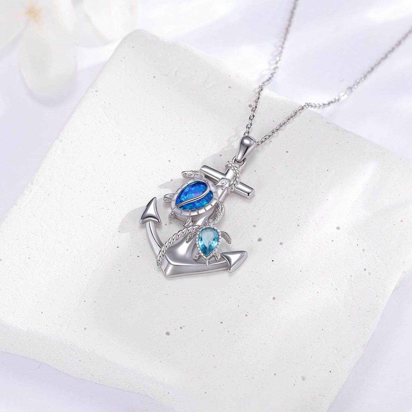 KoyeKei Sea Turtle Necklaces for Women 925 Sterling Silver Anchor Sea Turtle Necklaces Nautical Pendant with Blue Opal Ocean Beach Themed Jewelry Graduation Gifts for Girlfriend Her Lover