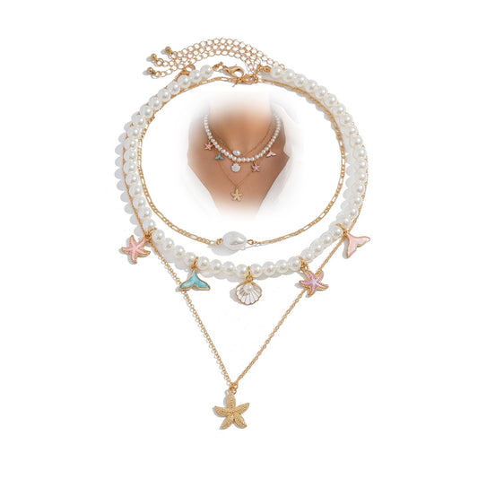 Chunky Gold Layered Pearl Starfish Statement Necklace Dainty Beach Pearls Beaded Seashell Choker Stacked Conch Sea Shell Necklaces Trendy Hawaiian Beachy Jewelry for Women (Colorful)