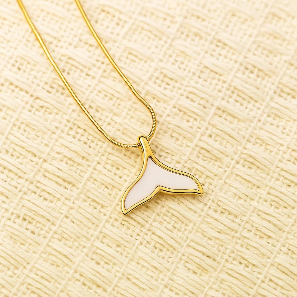Mermaid Tail Choker Necklace for Women, 14K Gold Plated Mother-of-Pearl Pendant on Adjustable Stainless Steel Snake Chain, Dainty Ocean-Inspired Jewelry Gift