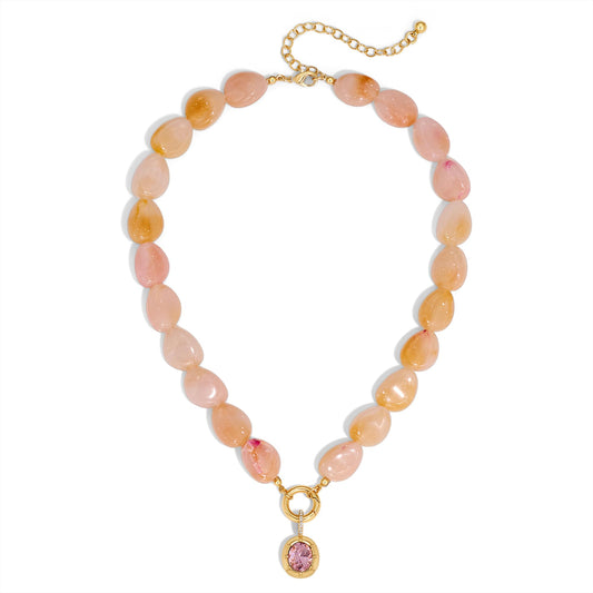Boho Pink Acrylic Beaded Necklace for Women, 14K Gold Plated Dainty Resin Choker with Pink Cubic Zirconia Pendant, Handmade Statement Summer Jewelry, Adjustable Necklaces for Wedding Party Gift