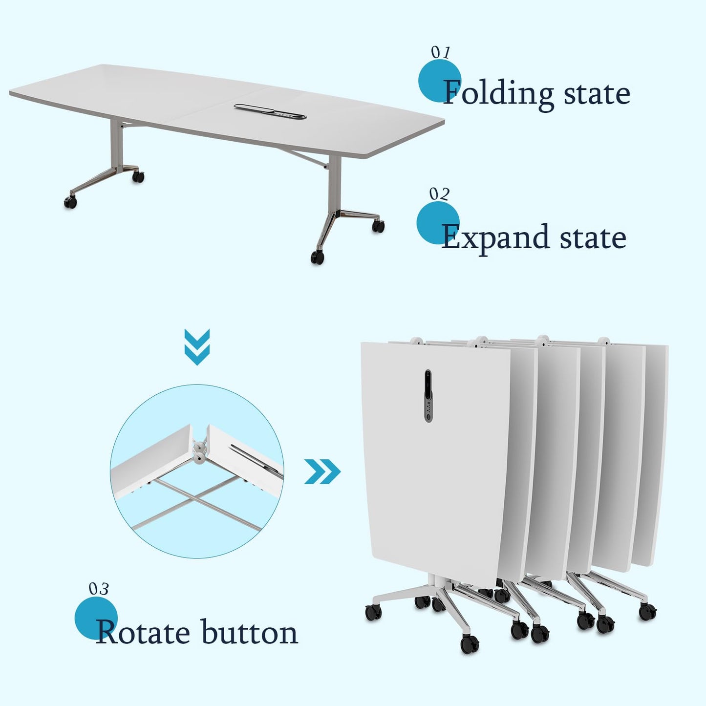 7.5 FT Large Folding Conference Table,Training Seminar Tables for 6-8 People,Built-in Wireless Charger and Power Box,Metal Legs Rolling Training Table for Office (4, White, 90.5"L×35.4“W×29.5"H)