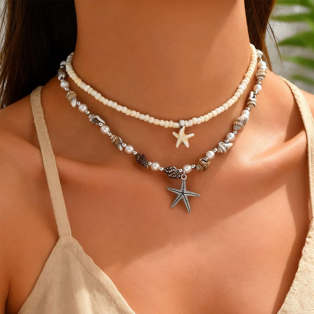 Starfish Conch Layered Necklaces for Women Charm Pearl Beaded Choker Necklace Boho Starfish Fish Pendant Necklaces Trendy Beach Jewlery Accessories (White2)