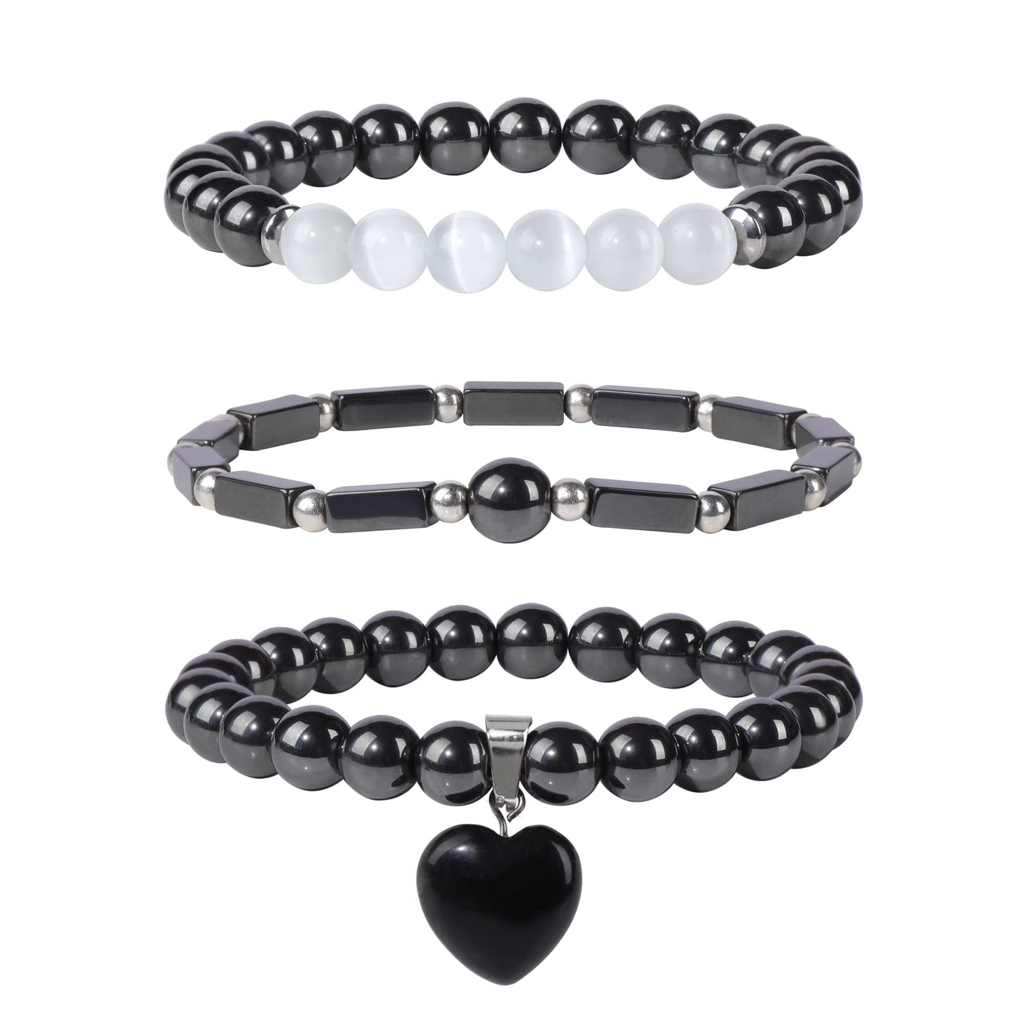 Vinswet Healing Crystal Beaded Bracelets for Women,Natural Hematite Moonstone Gemstones Bracelet,Anxiety Stress Relief Heart Charm Bracelet Handmade Black Jewelry Gifts for Women (3pcs)
