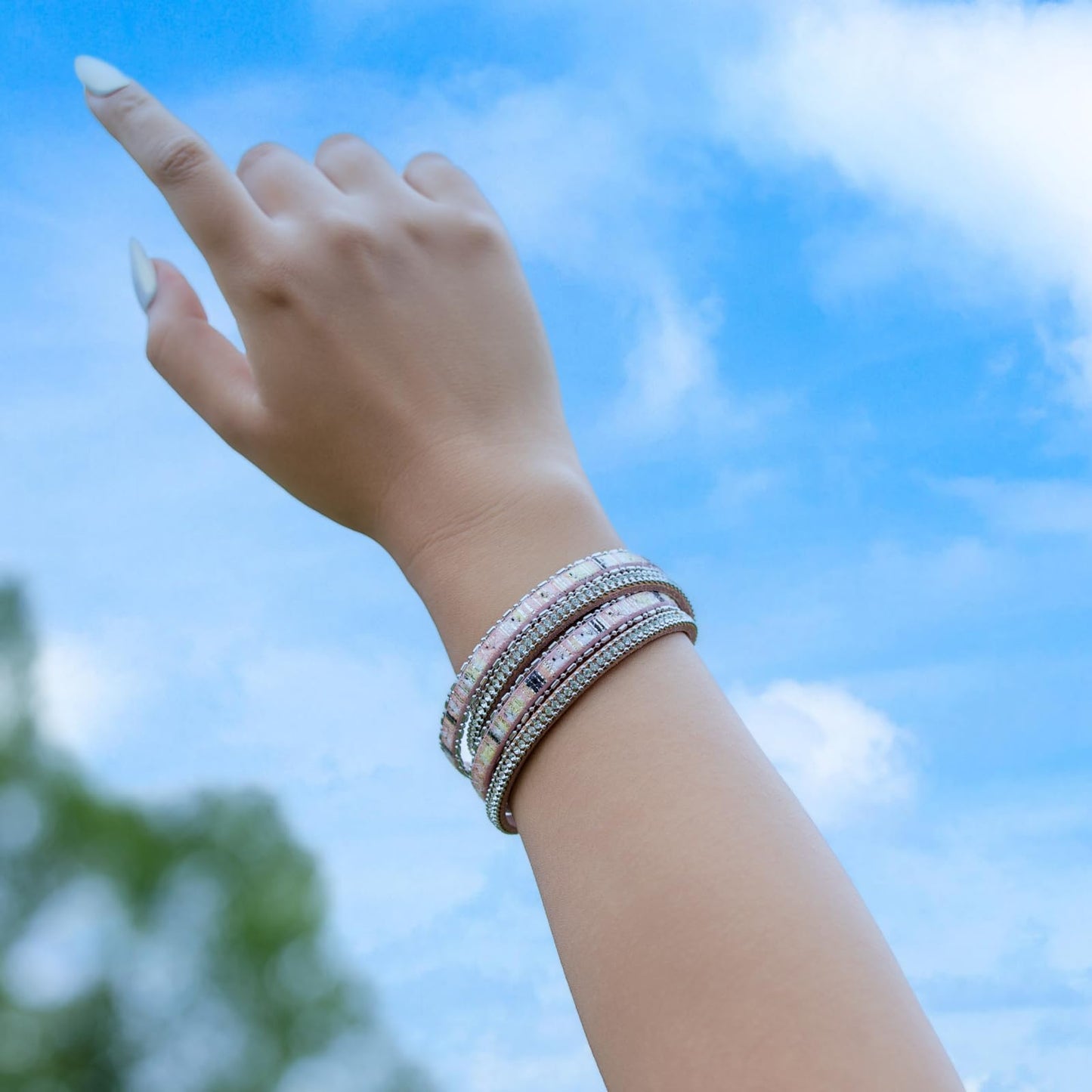 FANCY SHINY Boho Leather Wrap Bracelet Stackable Crystal Rhinestone Bangle Cuff with Magnetic Clasp Trendy Bohemian Jewelry for Women(Pink)