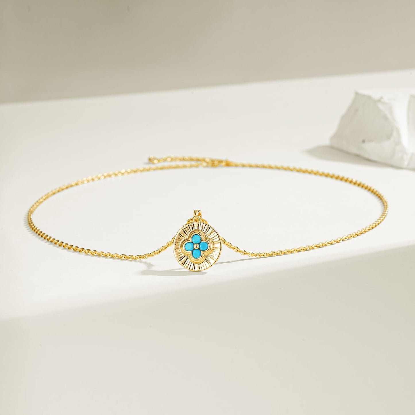 LOLAR RAY Clover Medallion Necklace 14K Gold Plated Turquoise Pendant with Radiant Pattern Adjustable Chain Elegant Gift for Women