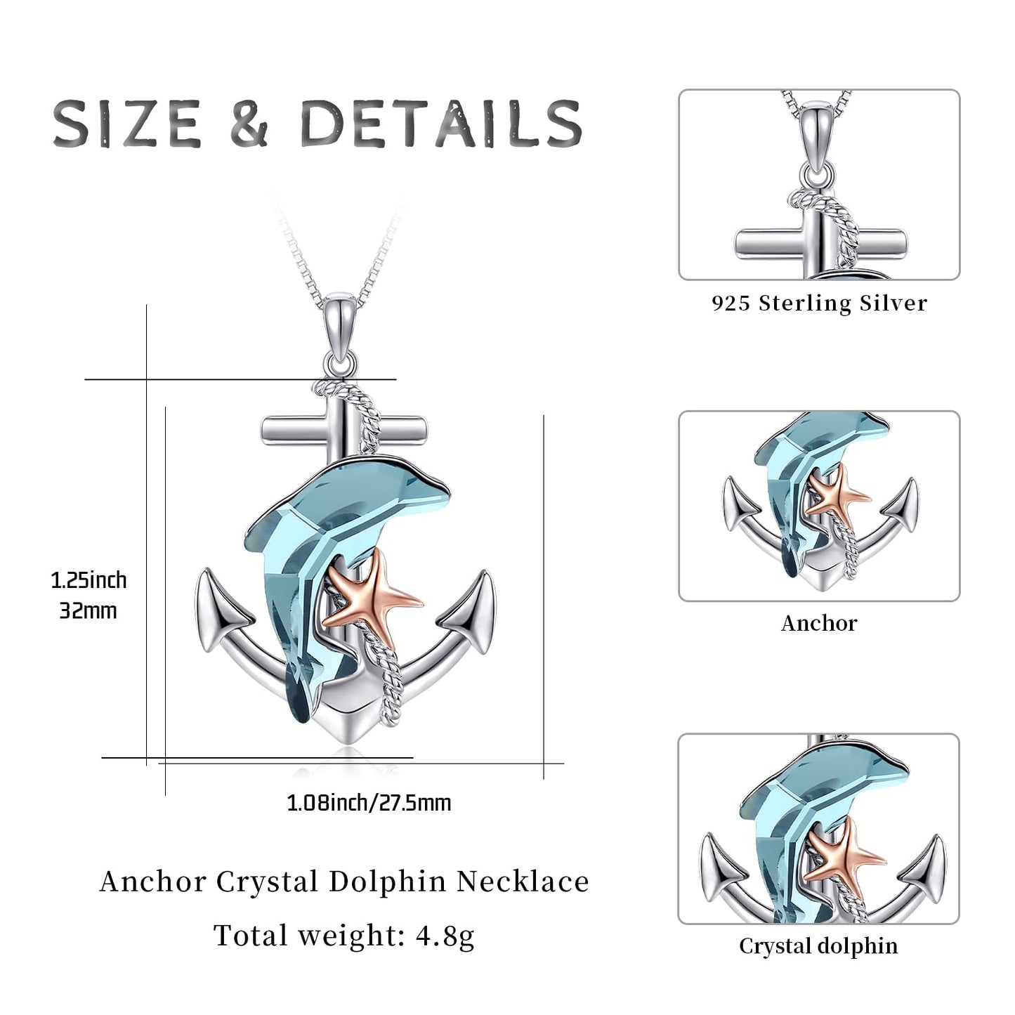 KoyeKei Dolphin Necklace Gifts for Women 925 Sterling Silver Anchor Dolphin Crystal Necklaces Nautical Ocean Pendant Beach Themed Jewelry Starfish Graduation Gifts for Daughter Best Friend Lover