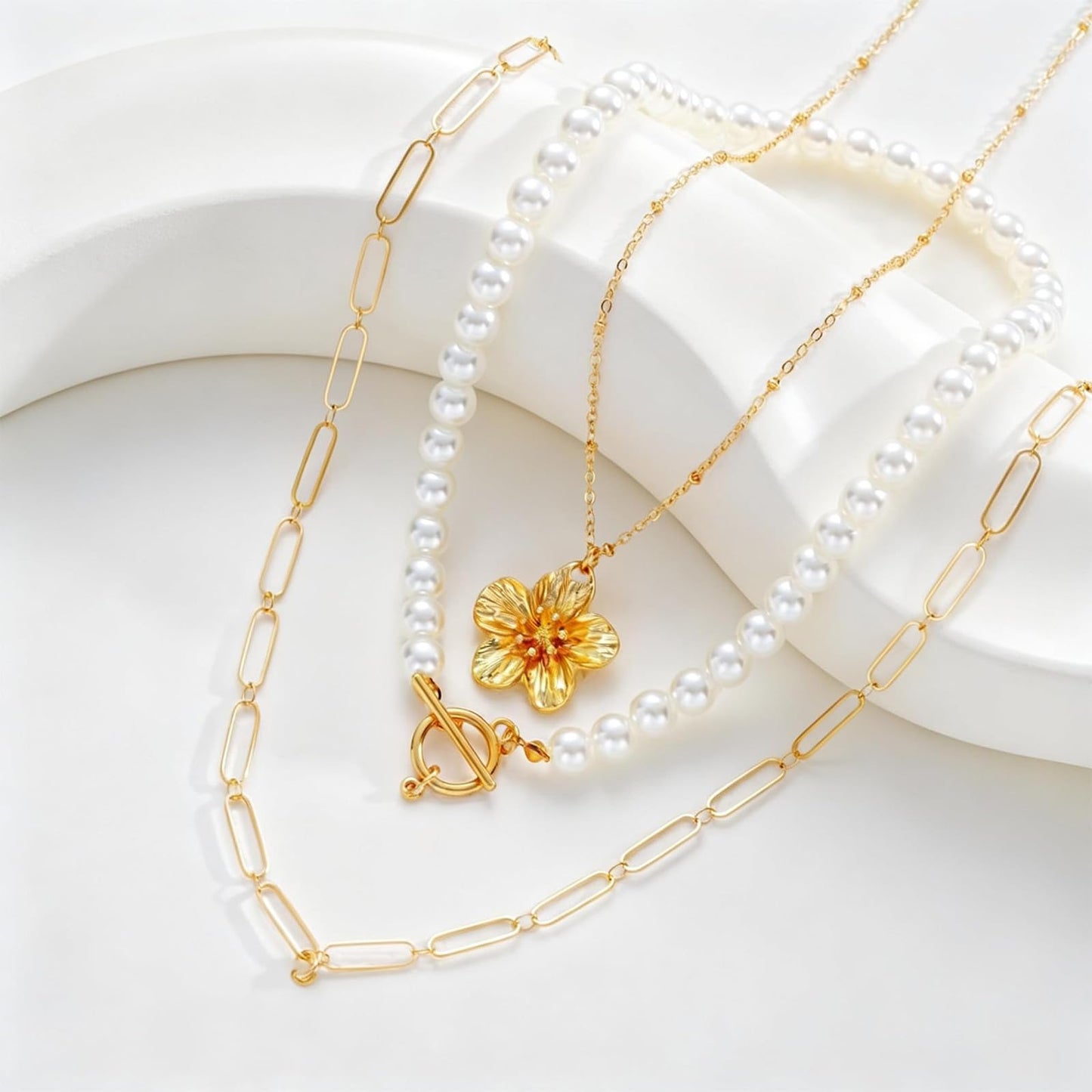 Starfish Shell Flower Necklace - Beach Jewelry for Women, Gold Coastal Charm Set, Boho Vacation Necklace, Summer Seashell Accessory